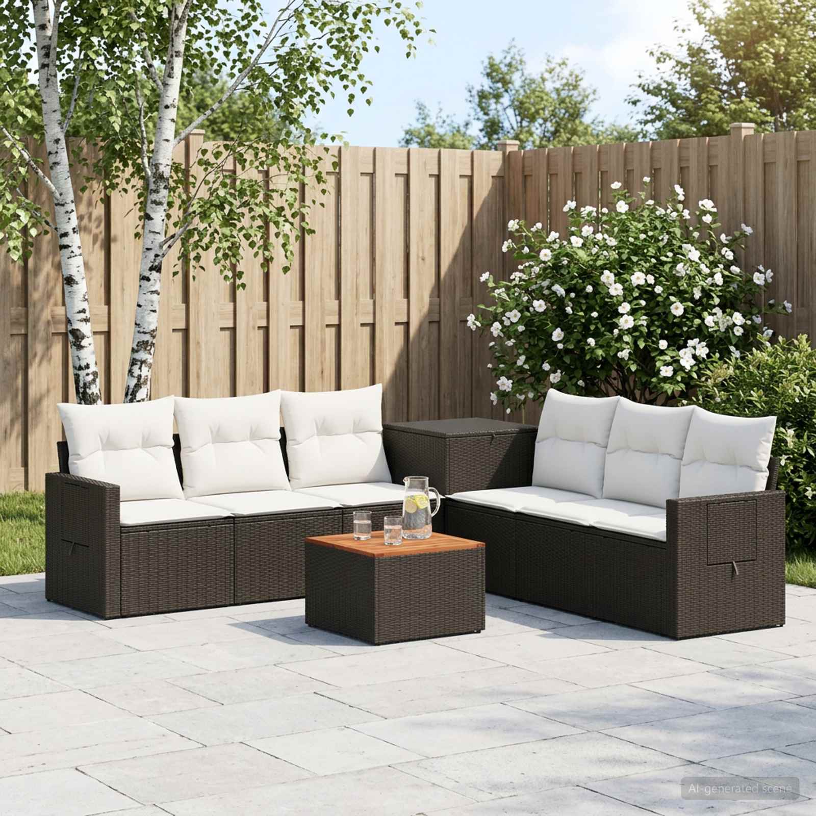 Sofa Set 8 stk. Schwarz und Cremeweiß Polyrattan und Stahl