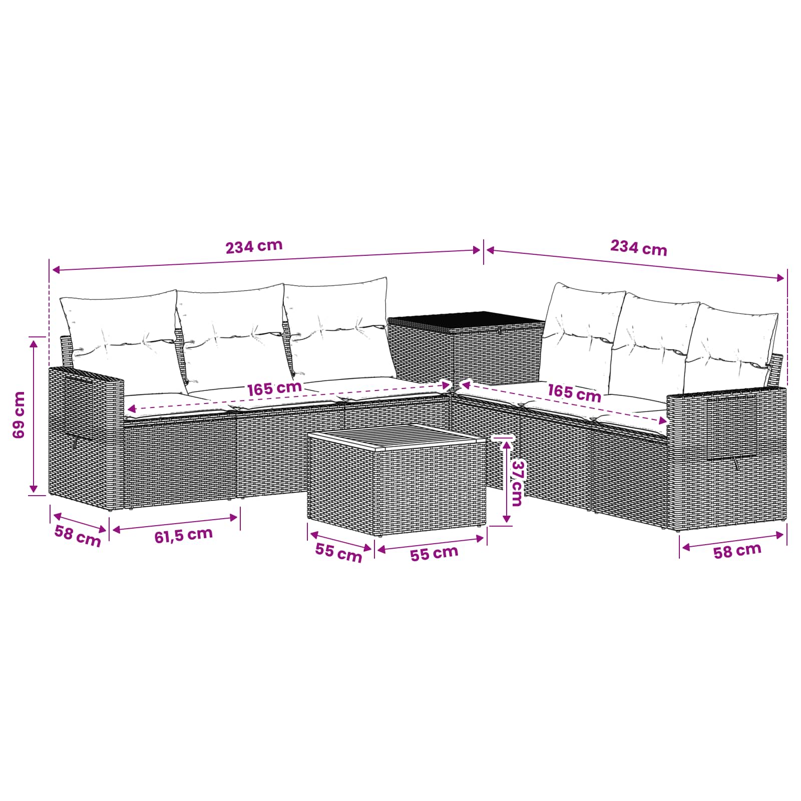 Sofa Set 8 stk. Schwarz und Blau Polyrattan und Stahl