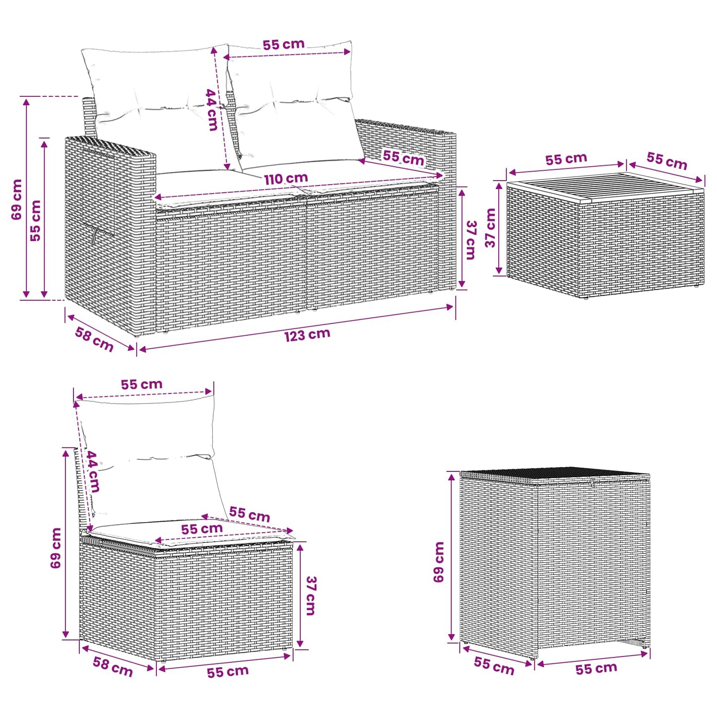 Sofa Set 8 stk. Schwarz und Blau Polyrattan und Stahl