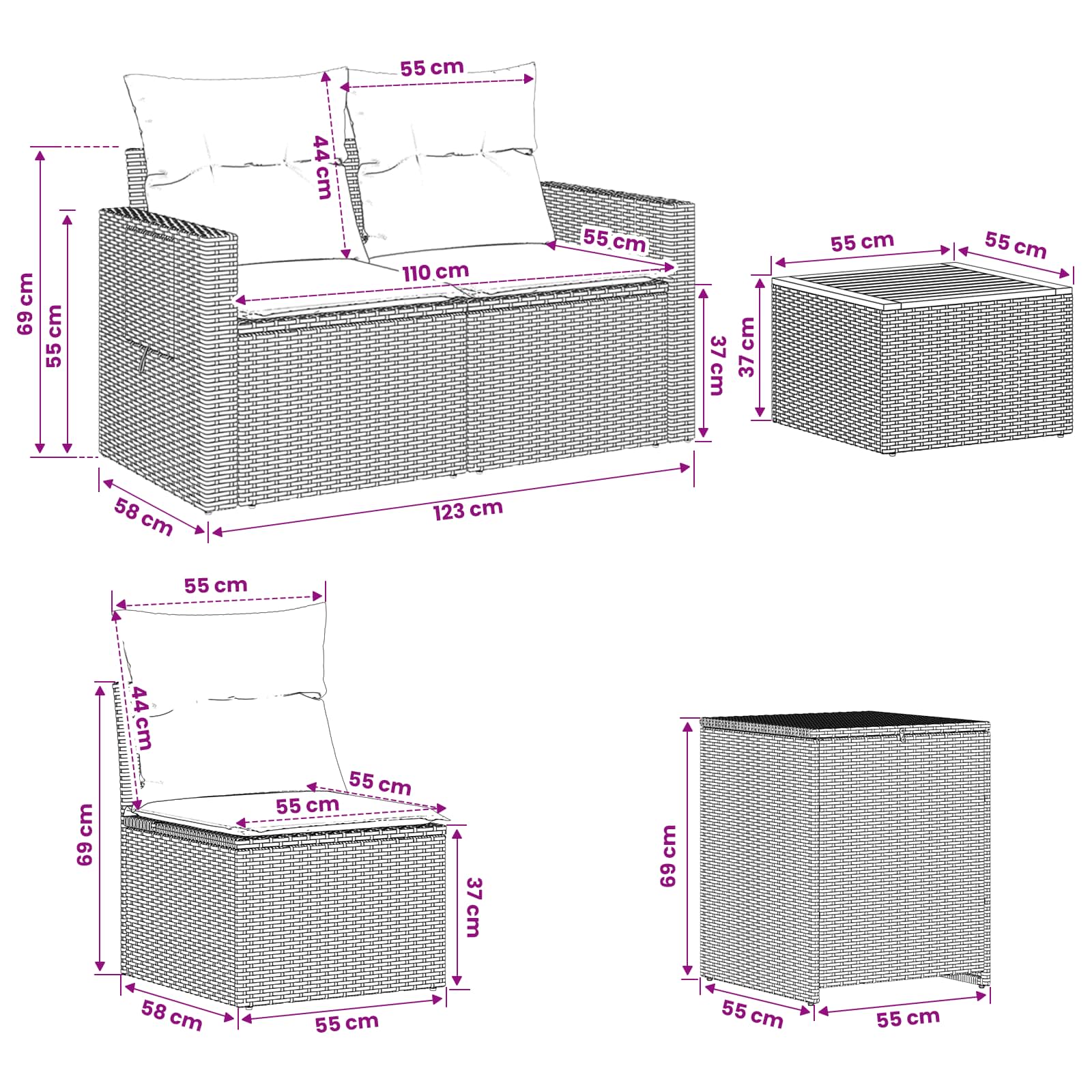 Sofa Set 8 stk. Schwarz und Blau Polyrattan und Stahl