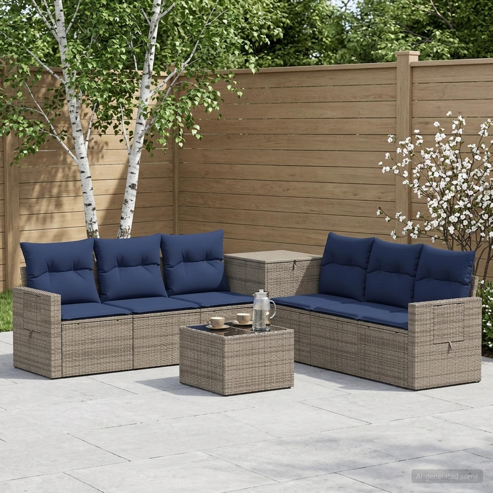 Sofa Set 8 stk. Grau und Marineblau Polyrattan und Stahl