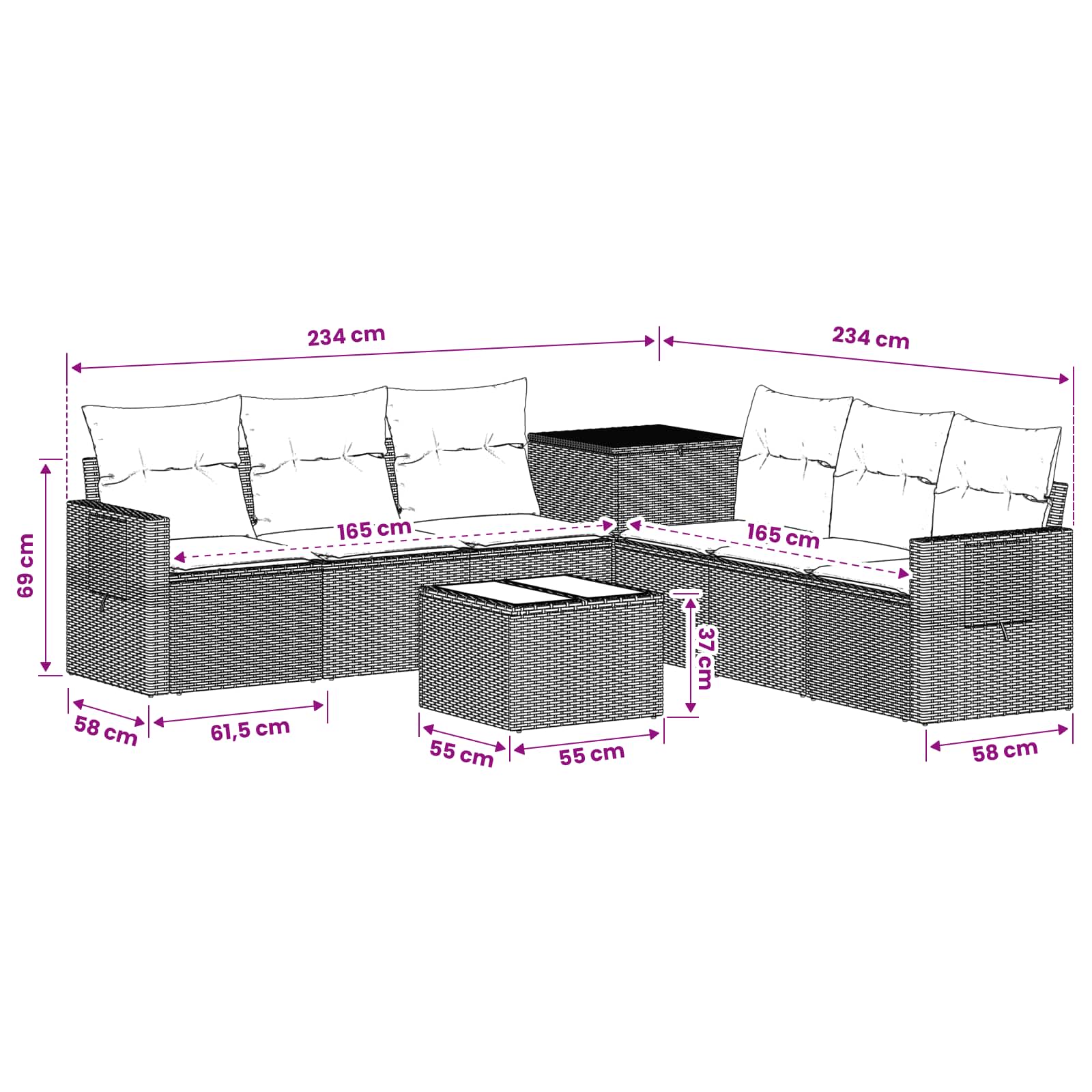 Sofa Set 8 stk. Grau und Marineblau Polyrattan und Stahl
