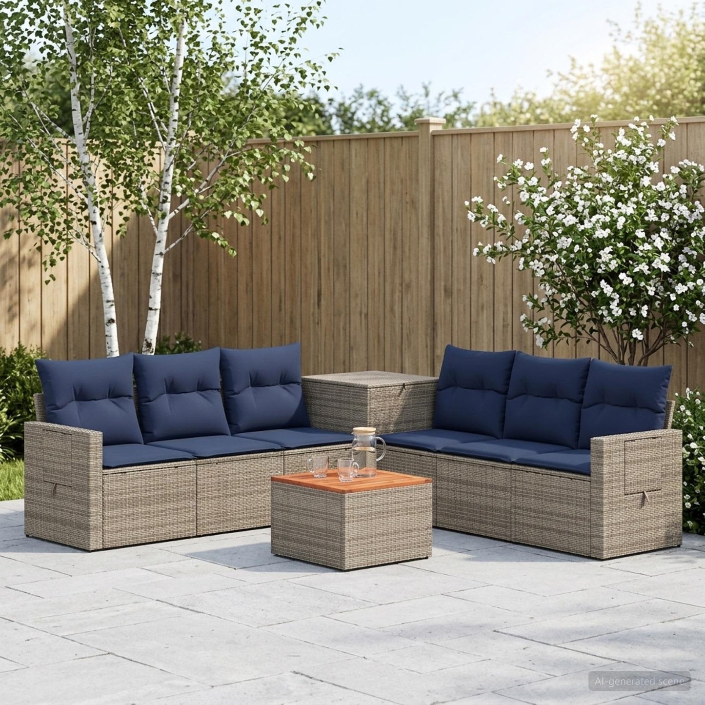 Sofa Set 8 stk. Grau und Marineblau Polyrattan und Stahl