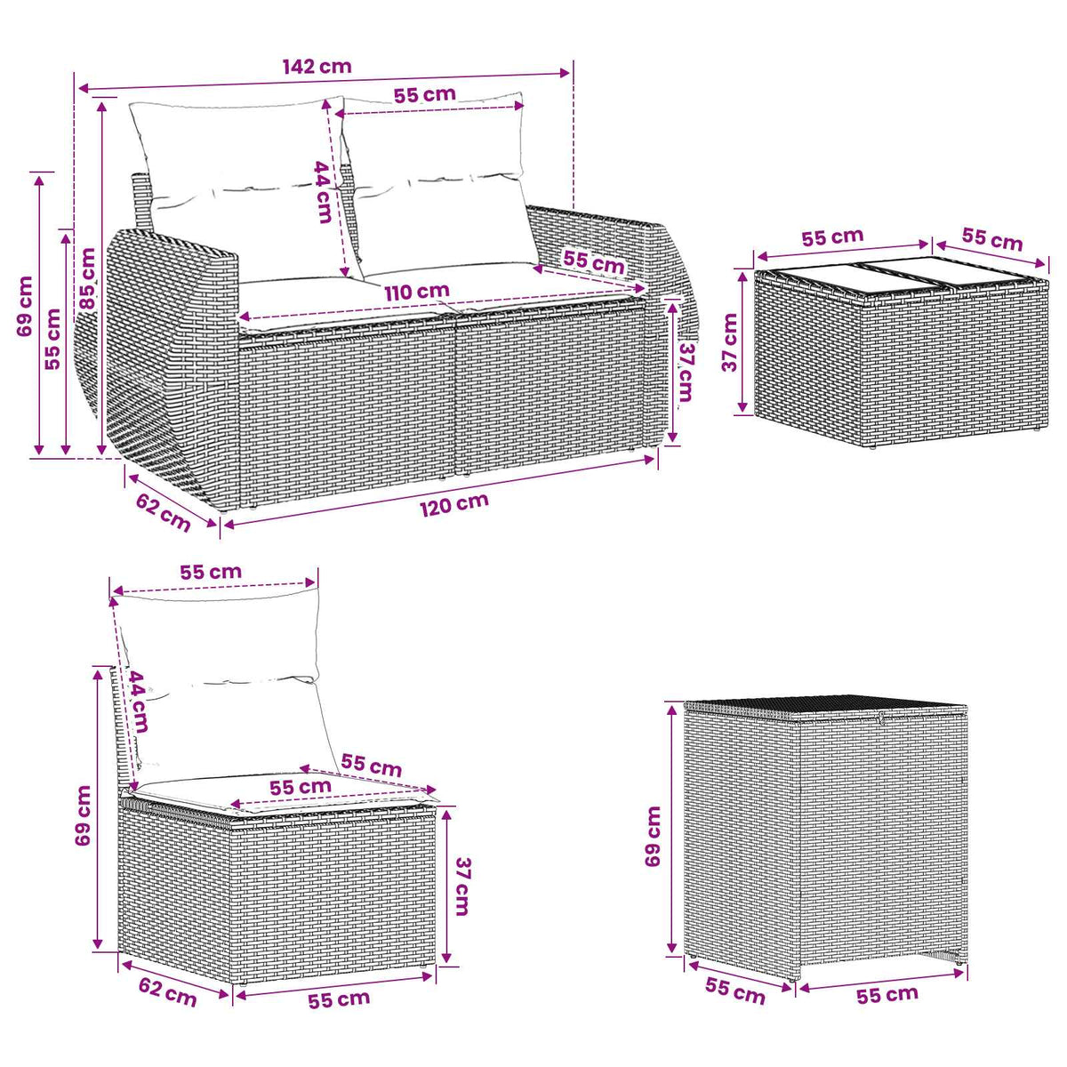 Sofa Set 8 stk. Schwarz und Cremeweiß 55 x 55 x 37 cm