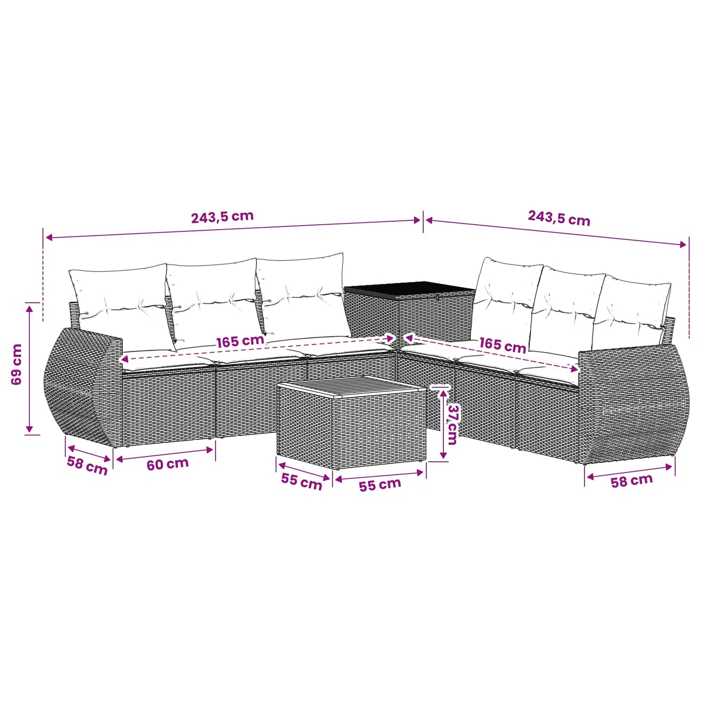 Sofa Set 8 stk. Schwarz und Blau Polyrattan und Stahl