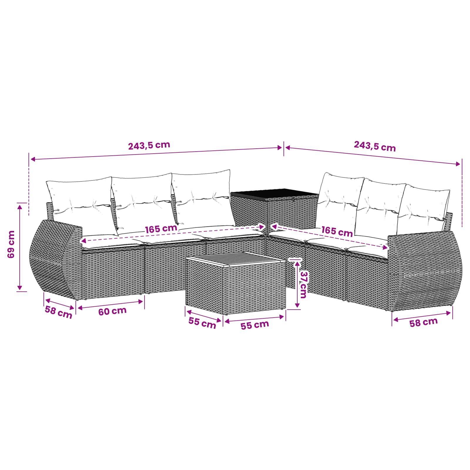 Sofa Set 8 stk. Schwarz und Blau Polyrattan und Stahl