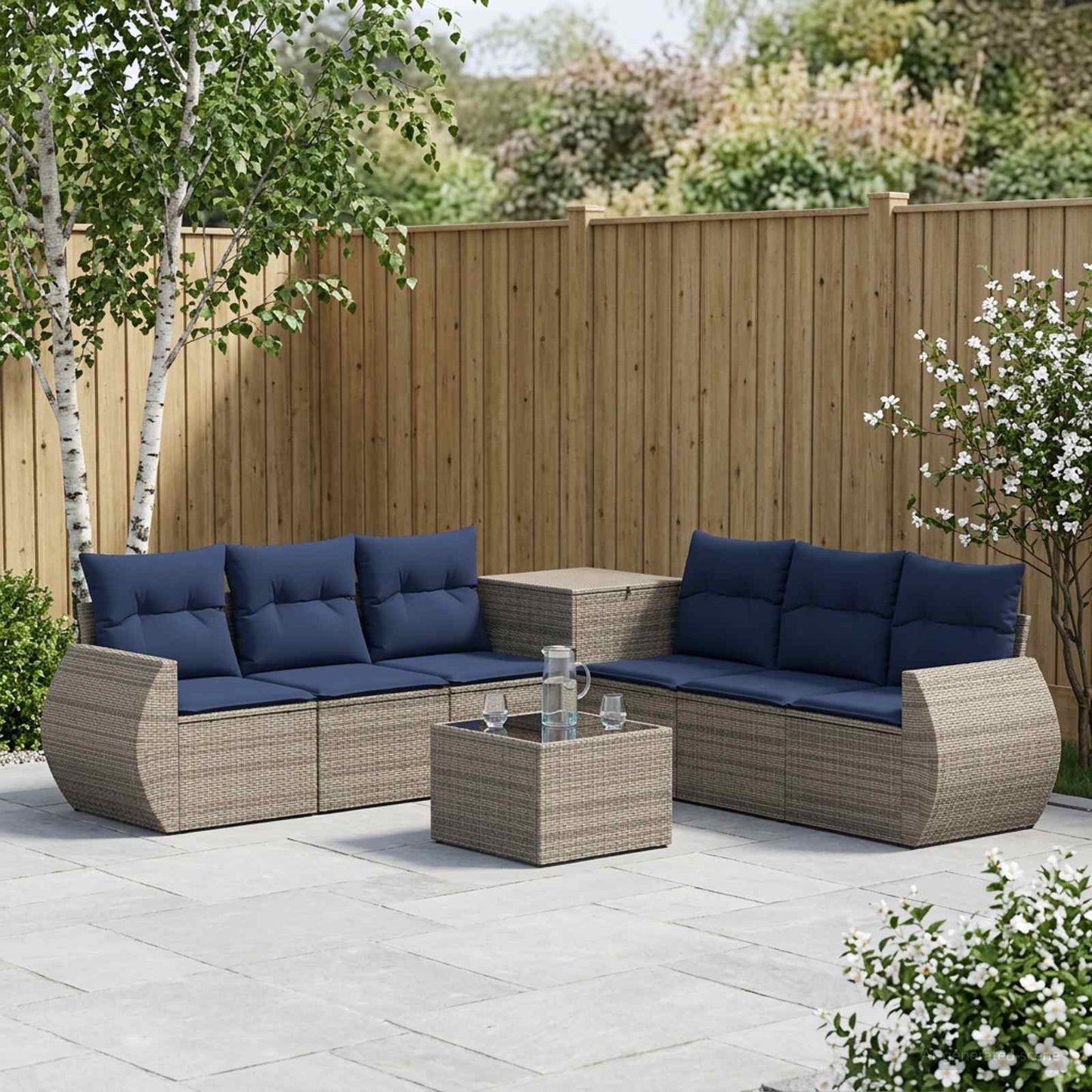 Sofa Set 8 stk. Grau und Marineblau Polyrattan und Stahl