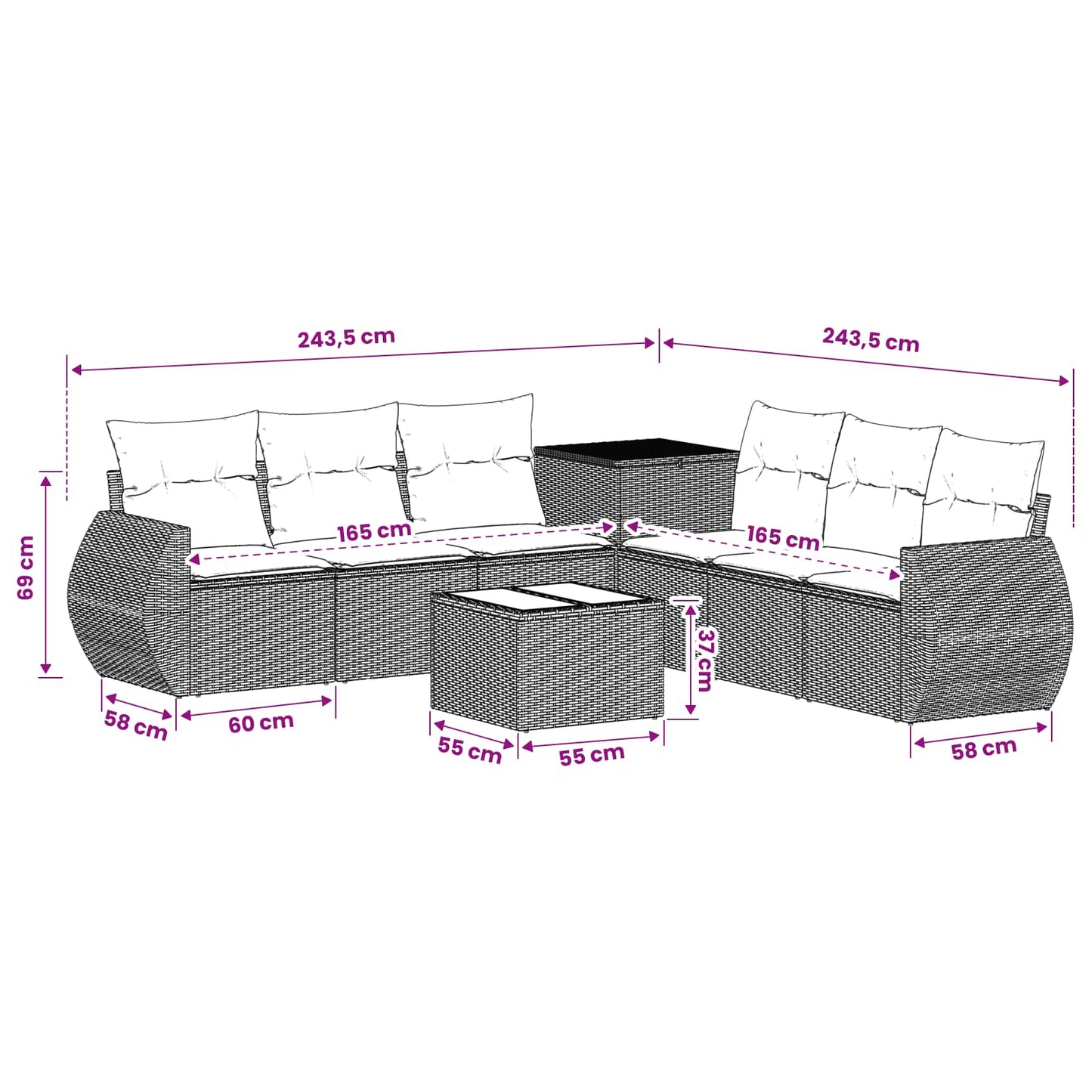 Sofa Set 8 stk. Grau und Marineblau Polyrattan und Stahl