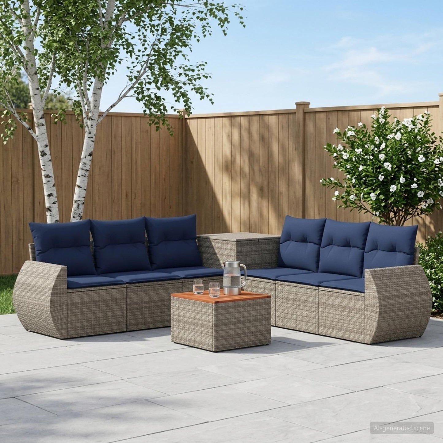 Sofa Set 8 stk. Grau und Marineblau Polyrattan und Stahl