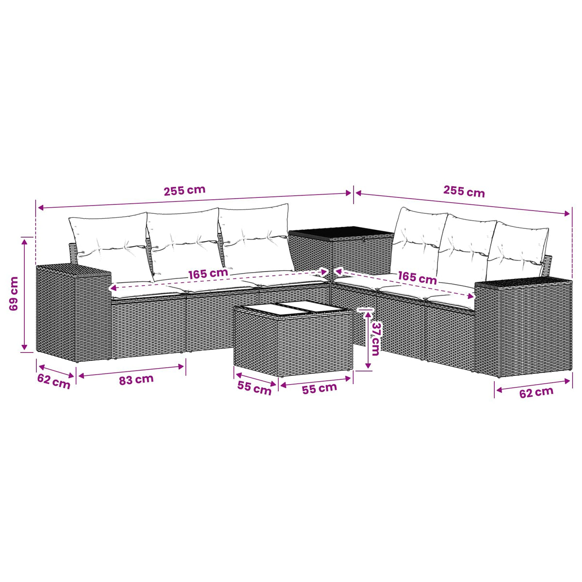 Sofa Set 8 stk. Schwarz und Blau 55 x 55 x 37 cm