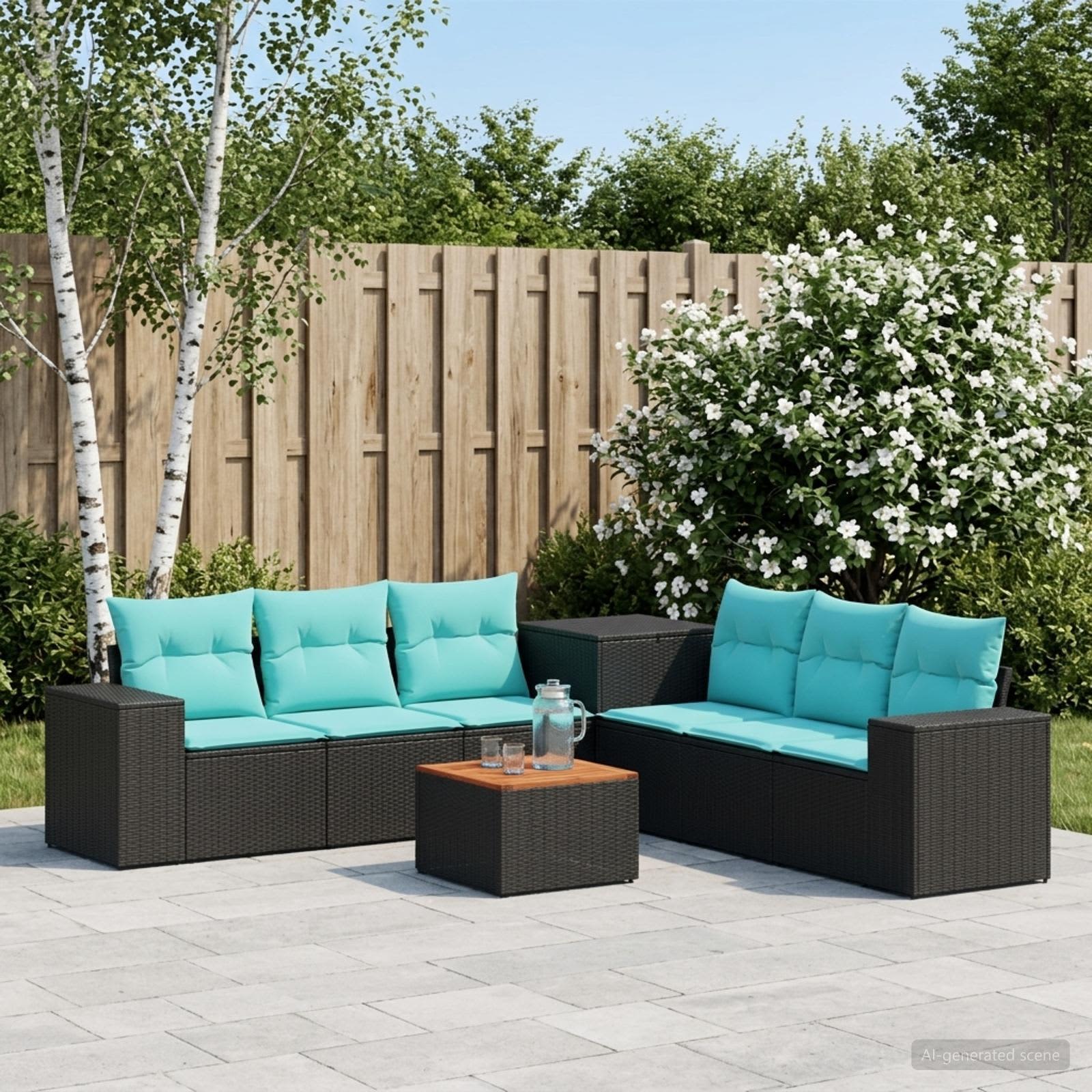 Sofa Set 8 stk. Schwarz und Blau Polyrattan und Stahl