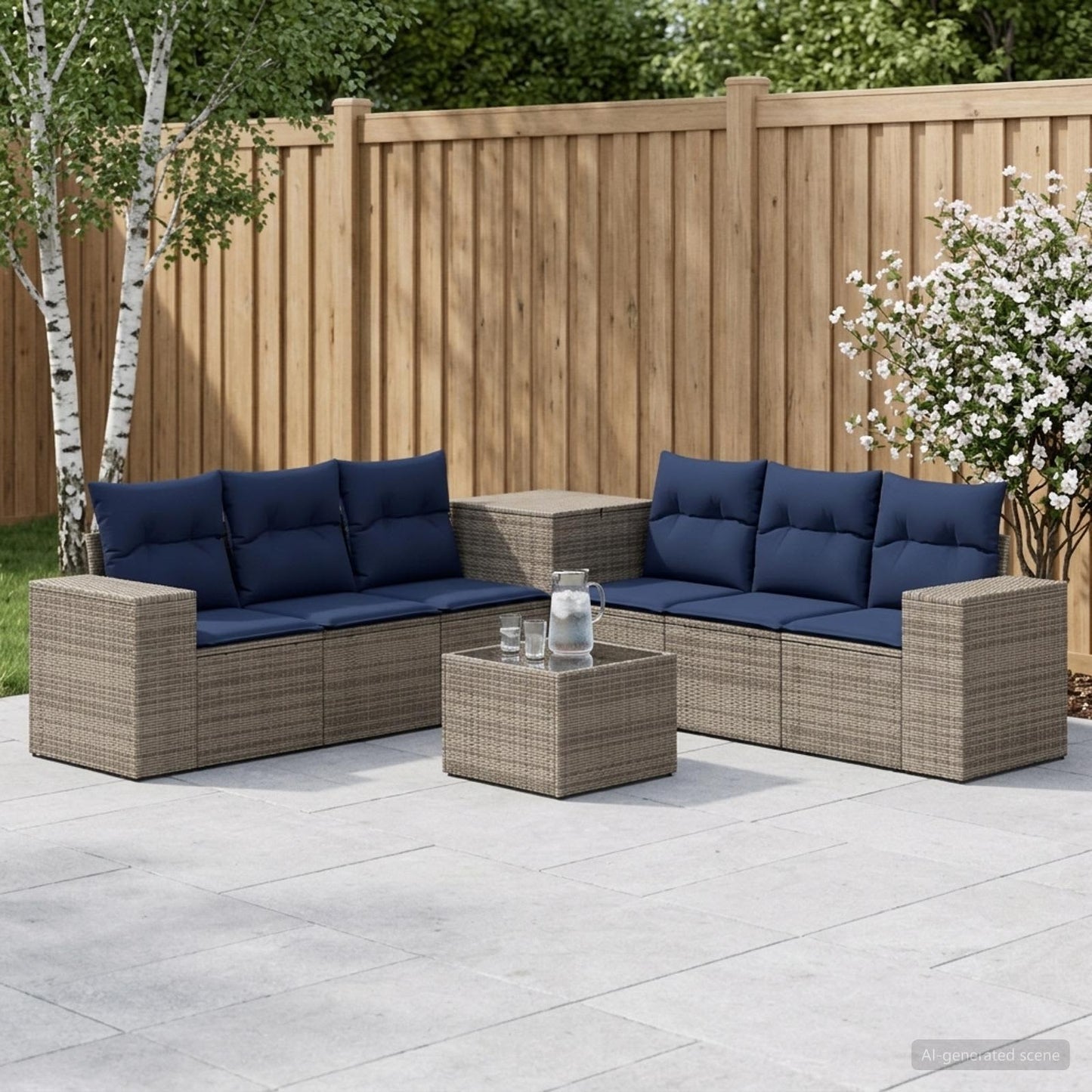 Sofa Set 8 stk. Grau und Marineblau Polyrattan und Stahl