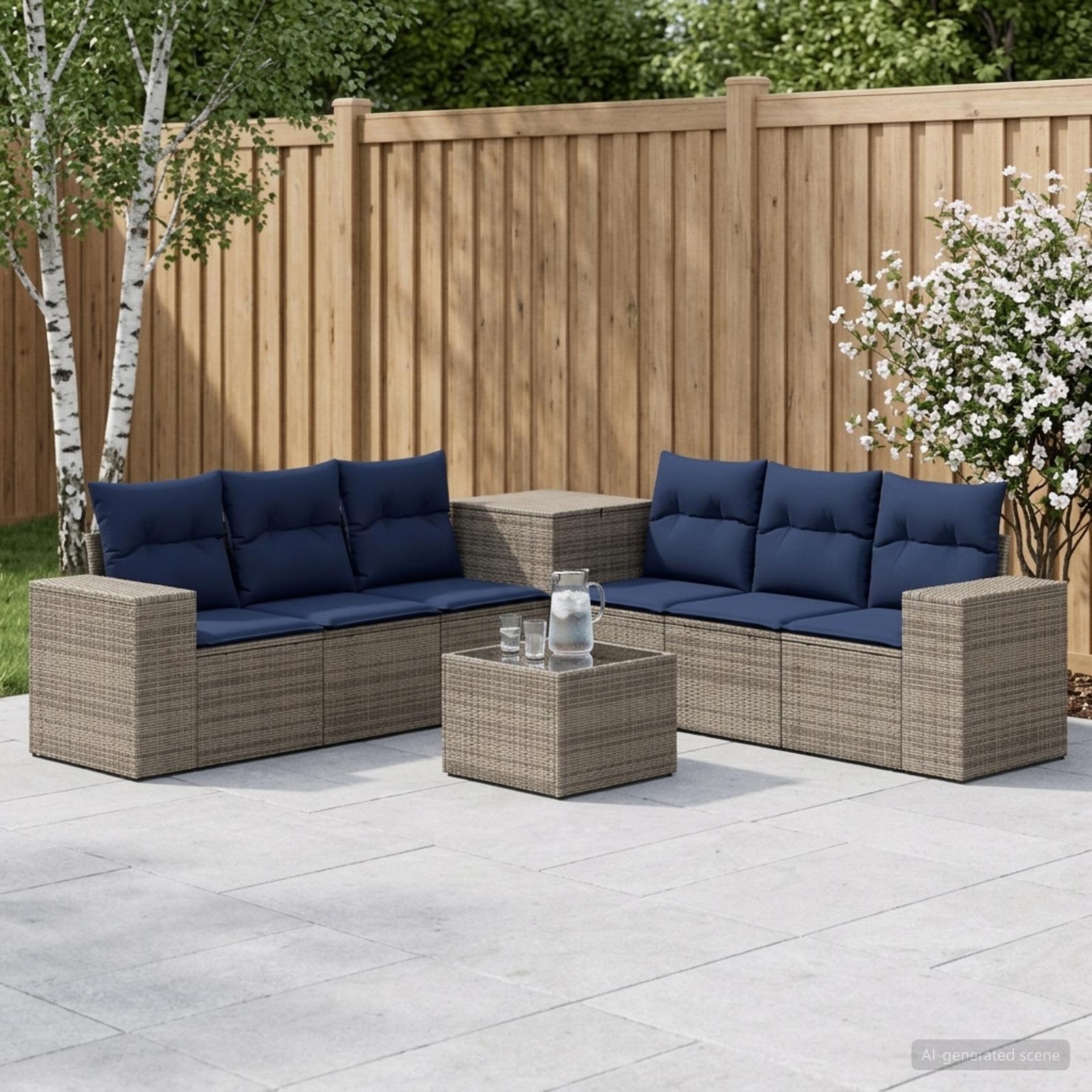 Sofa Set 8 stk. Grau und Marineblau Polyrattan und Stahl