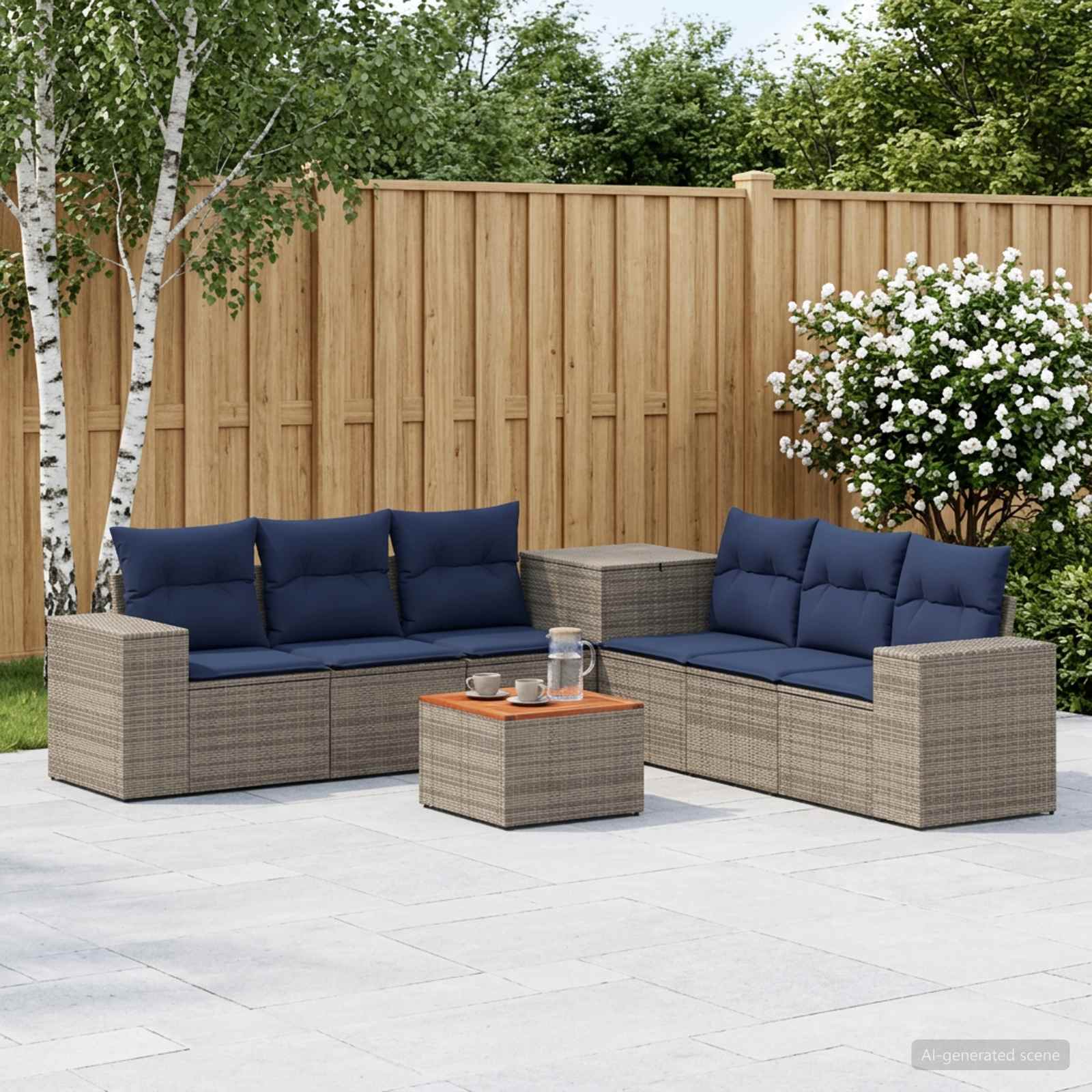 Sofa Set 8 stk. Grau und Marineblau Polyrattan und Stahl