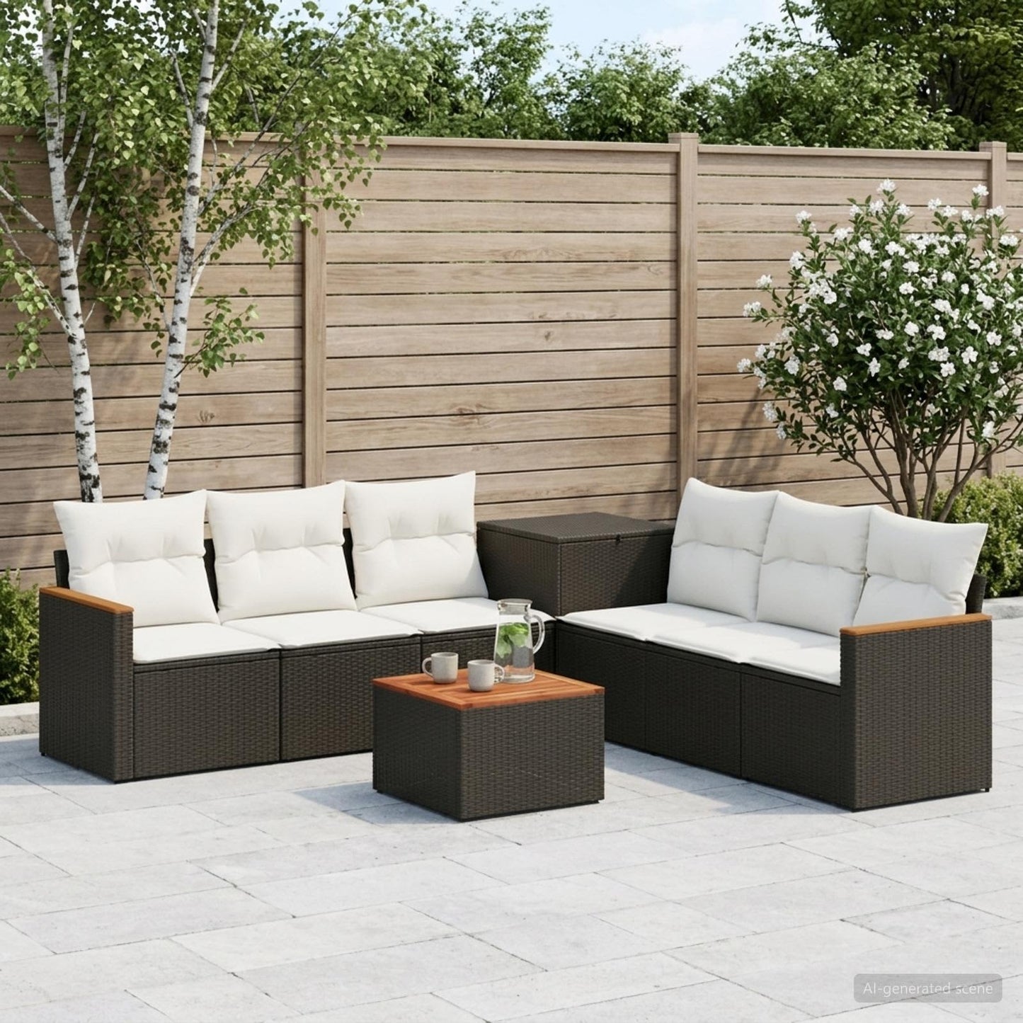 Sofa Set 8 stk. Schwarz und Cremeweiß Polyrattan und Stahl