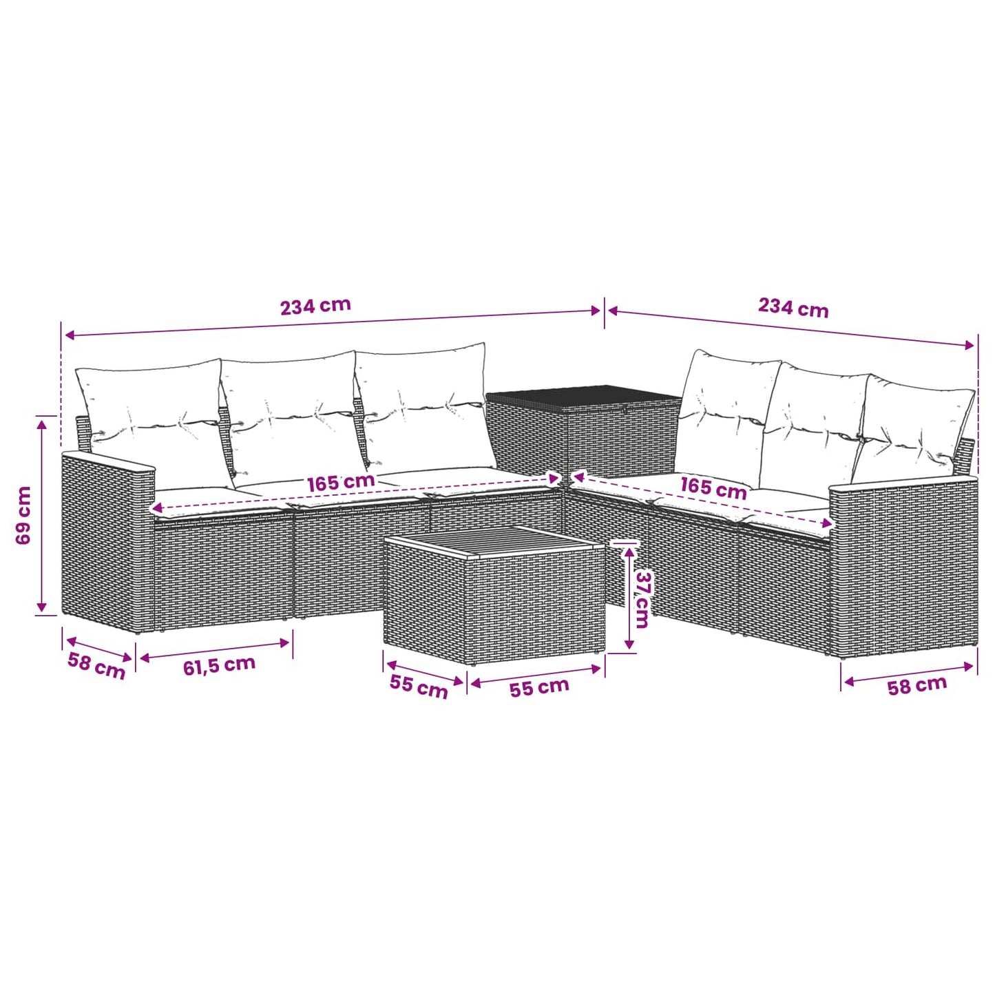 Sofa Set 8 stk. Schwarz und Cremeweiß Polyrattan und Stahl