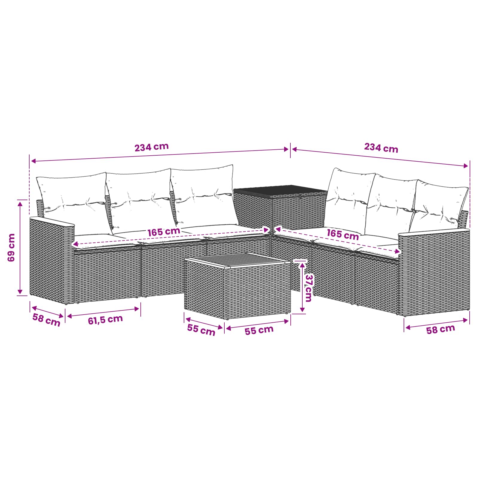 Sofa Set 8 stk. Schwarz und Blau Polyrattan und Stahl