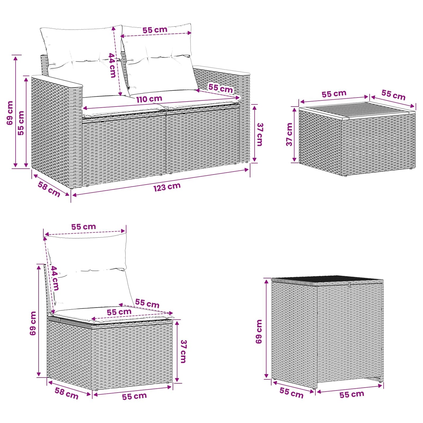Sofa Set 8 stk. Schwarz und Blau Polyrattan und Stahl