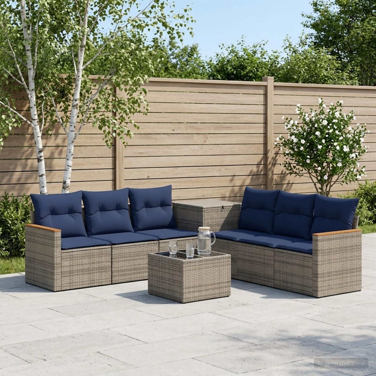 Sofa Set 8 stk. Grau und Marineblau Polyrattan und Stahl