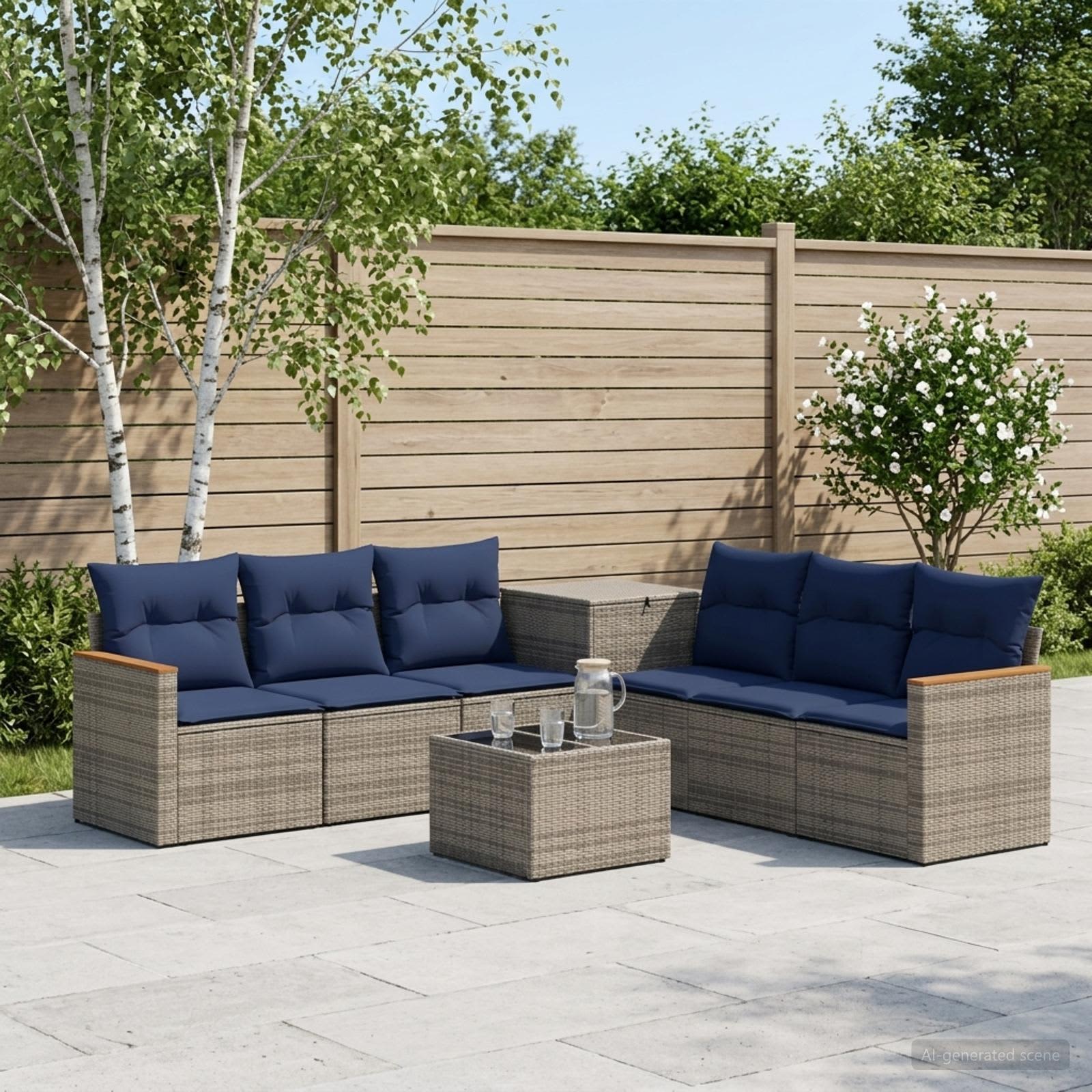 Sofa Set 8 stk. Grau und Marineblau Polyrattan und Stahl