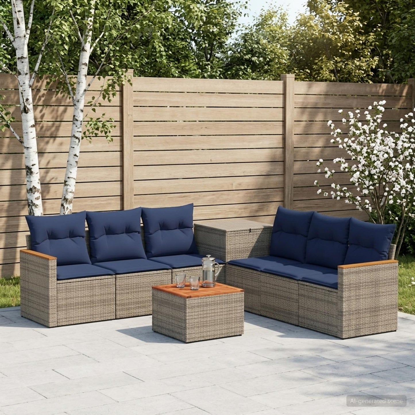 Sofa Set 8 stk. Grau und Marineblau Polyrattan und Stahl