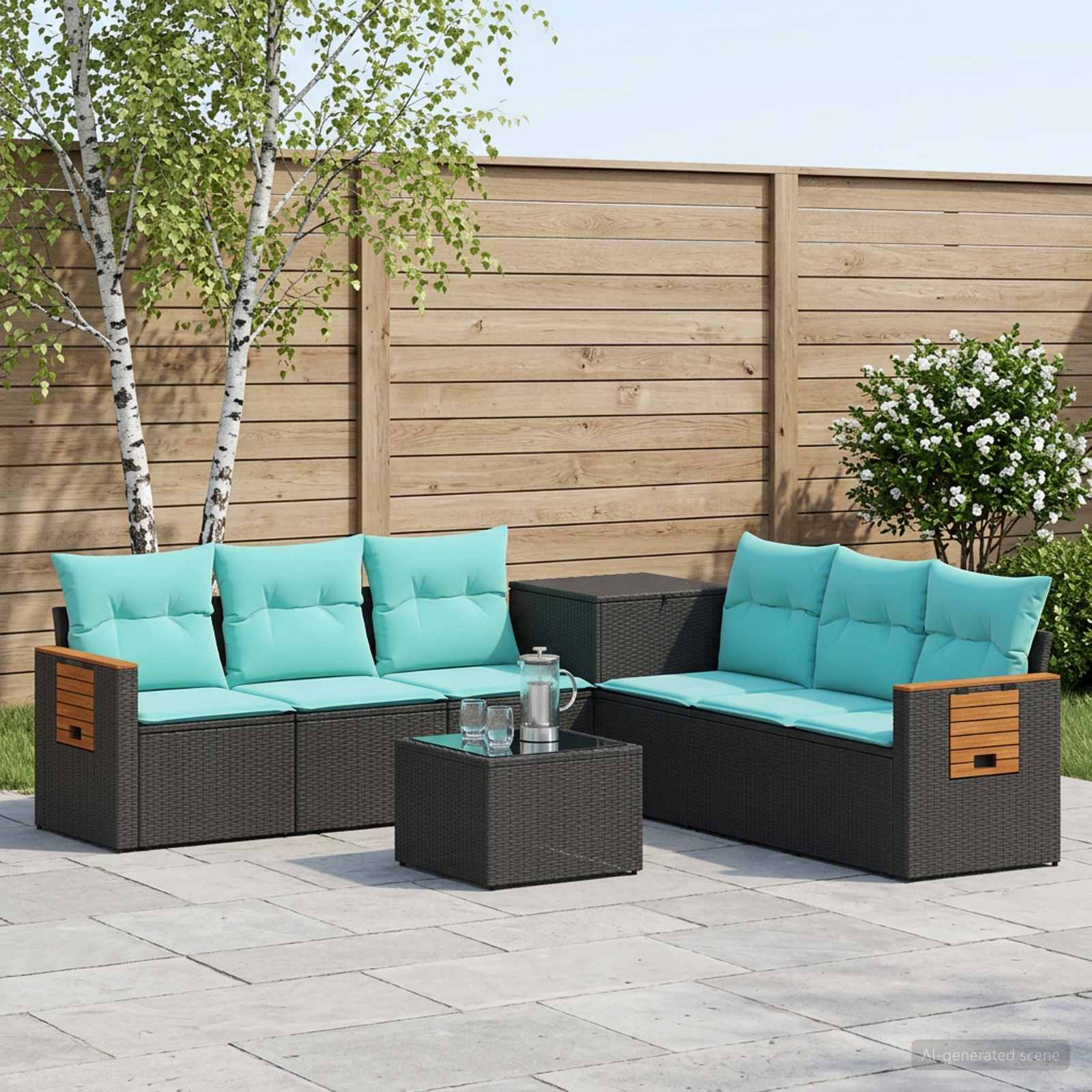 Sofa Set 8 stk. Schwarz und Blau Polyrattan und Stahl