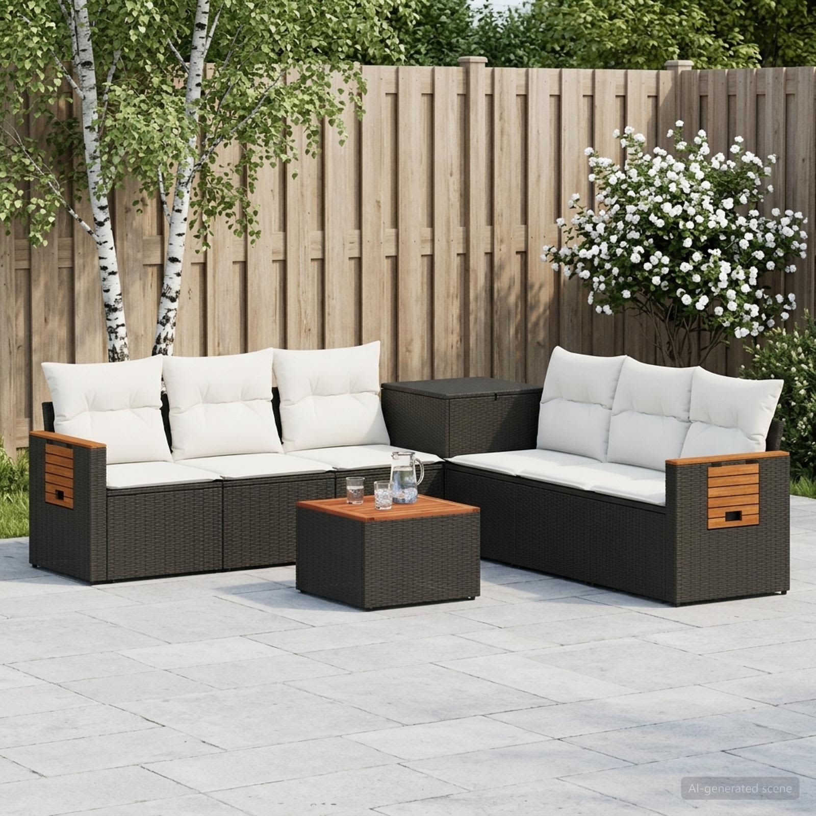 Sofa Set 8 stk. Schwarz und Cremeweiß Polyrattan und Stahl