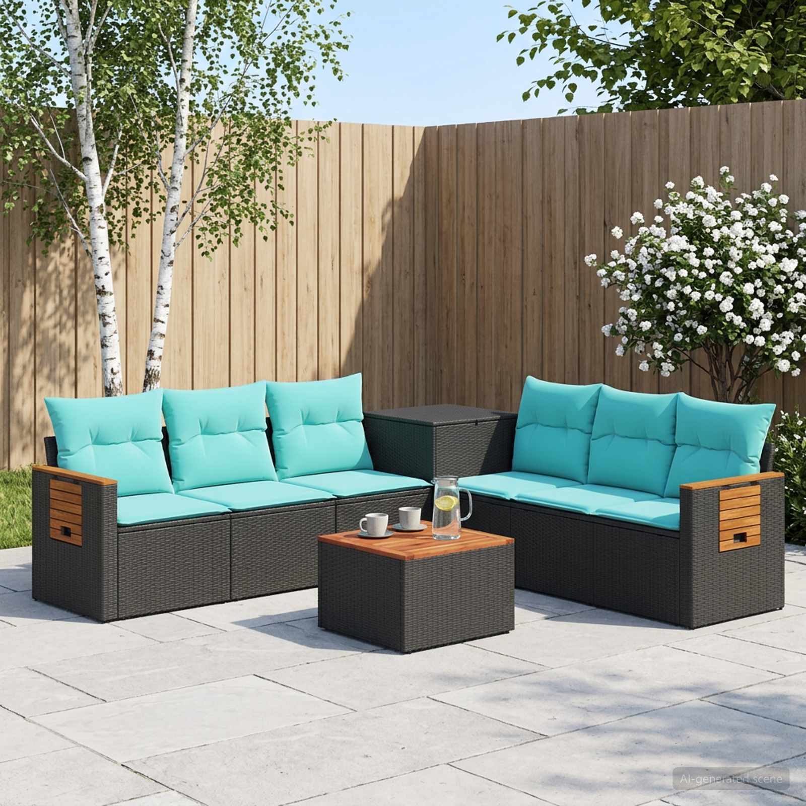 Sofa Set 8 stk. Schwarz und Blau Polyrattan und Stahl