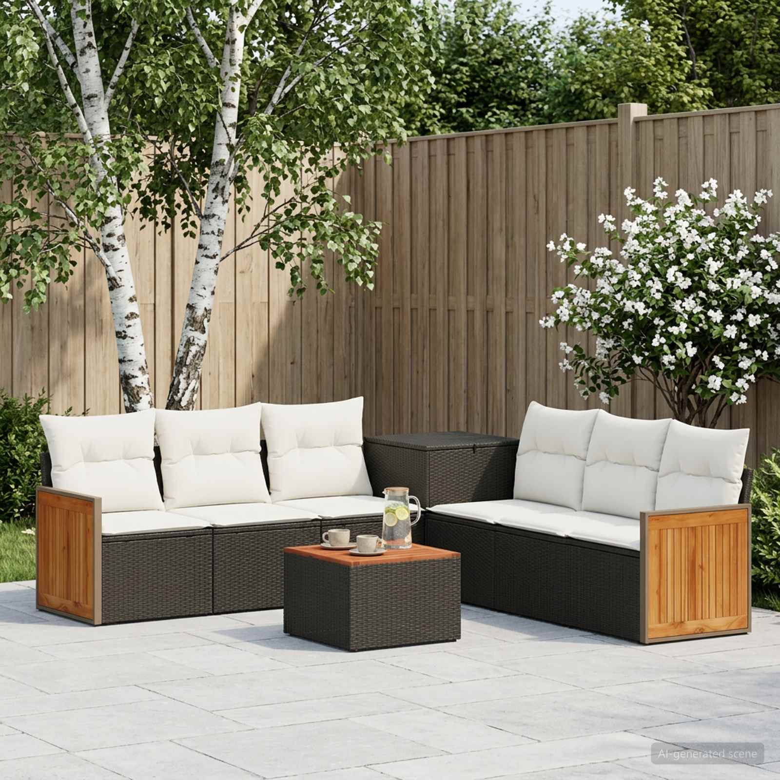 Sofa Set 8 stk. Schwarz und Cremeweiß Polyrattan und Stahl