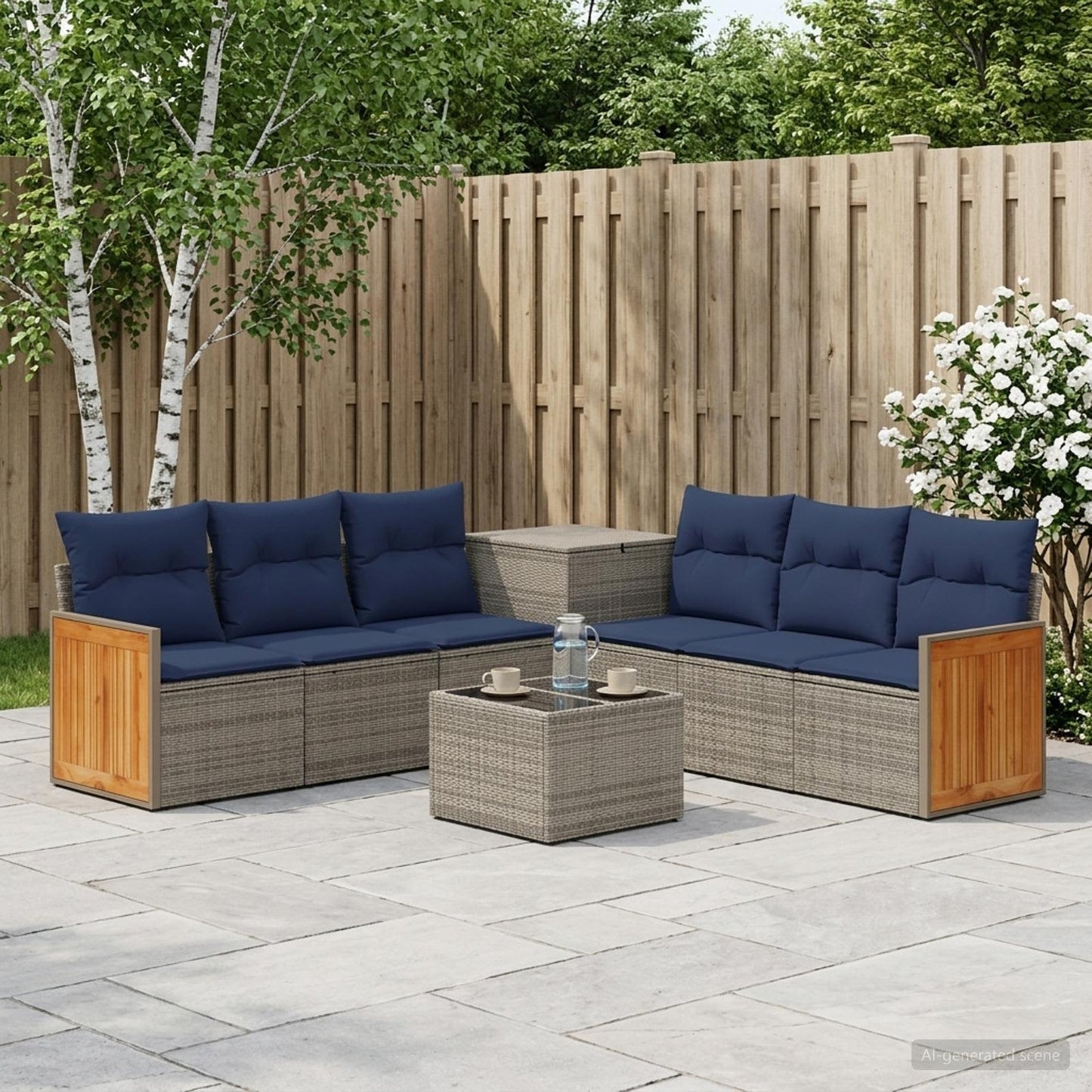 Sofa Set 8 stk. Grau und Marineblau Polyrattan und Stahl