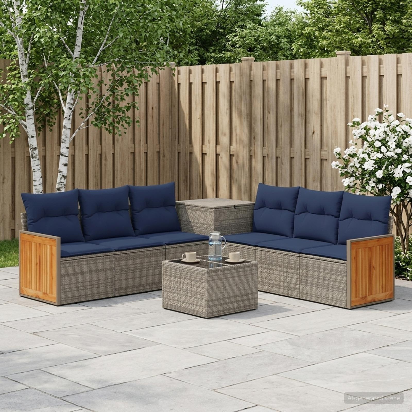 Sofa Set 8 stk. Grau und Marineblau Polyrattan und Stahl