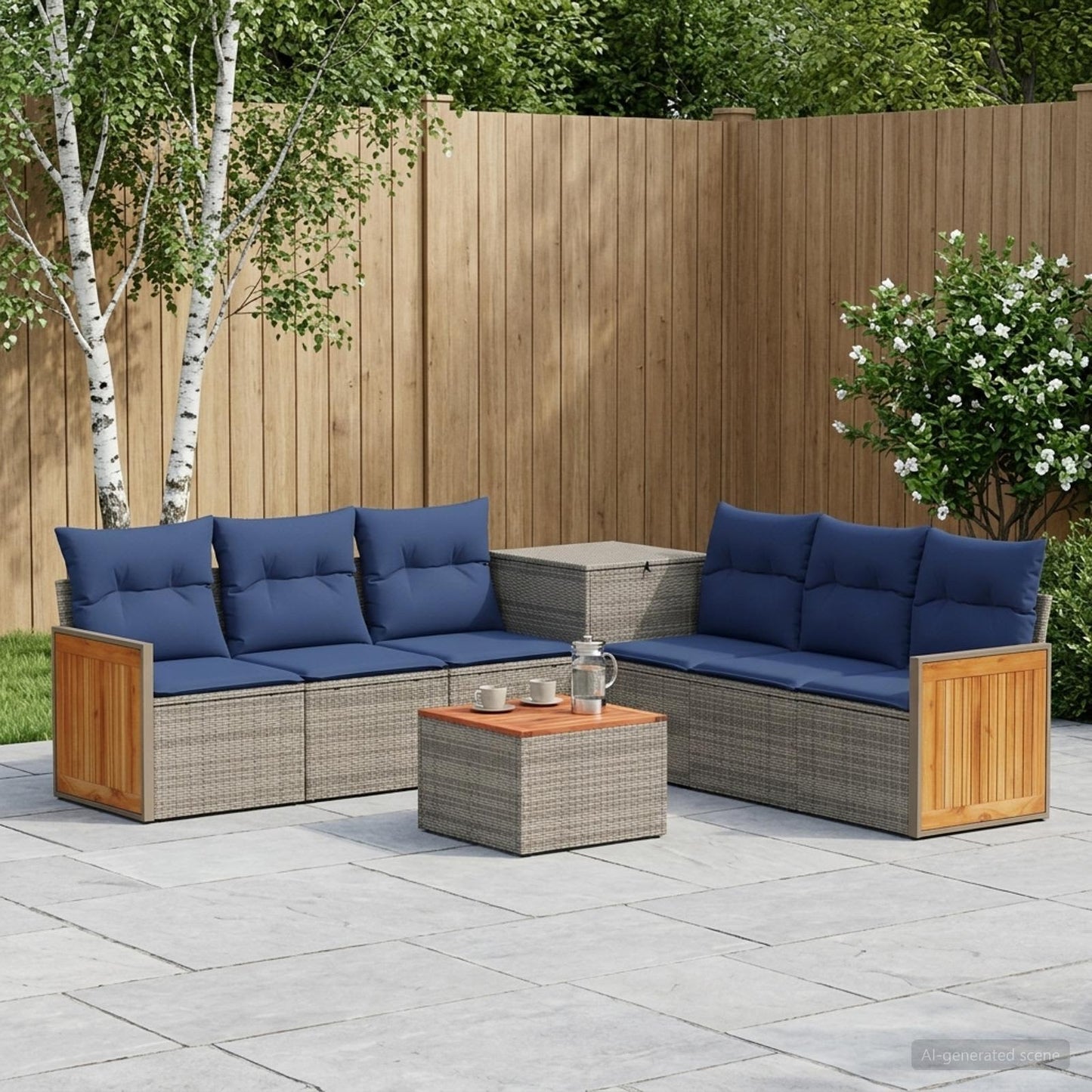 Sofa Set 8 stk. Grau und Marineblau Polyrattan und Stahl