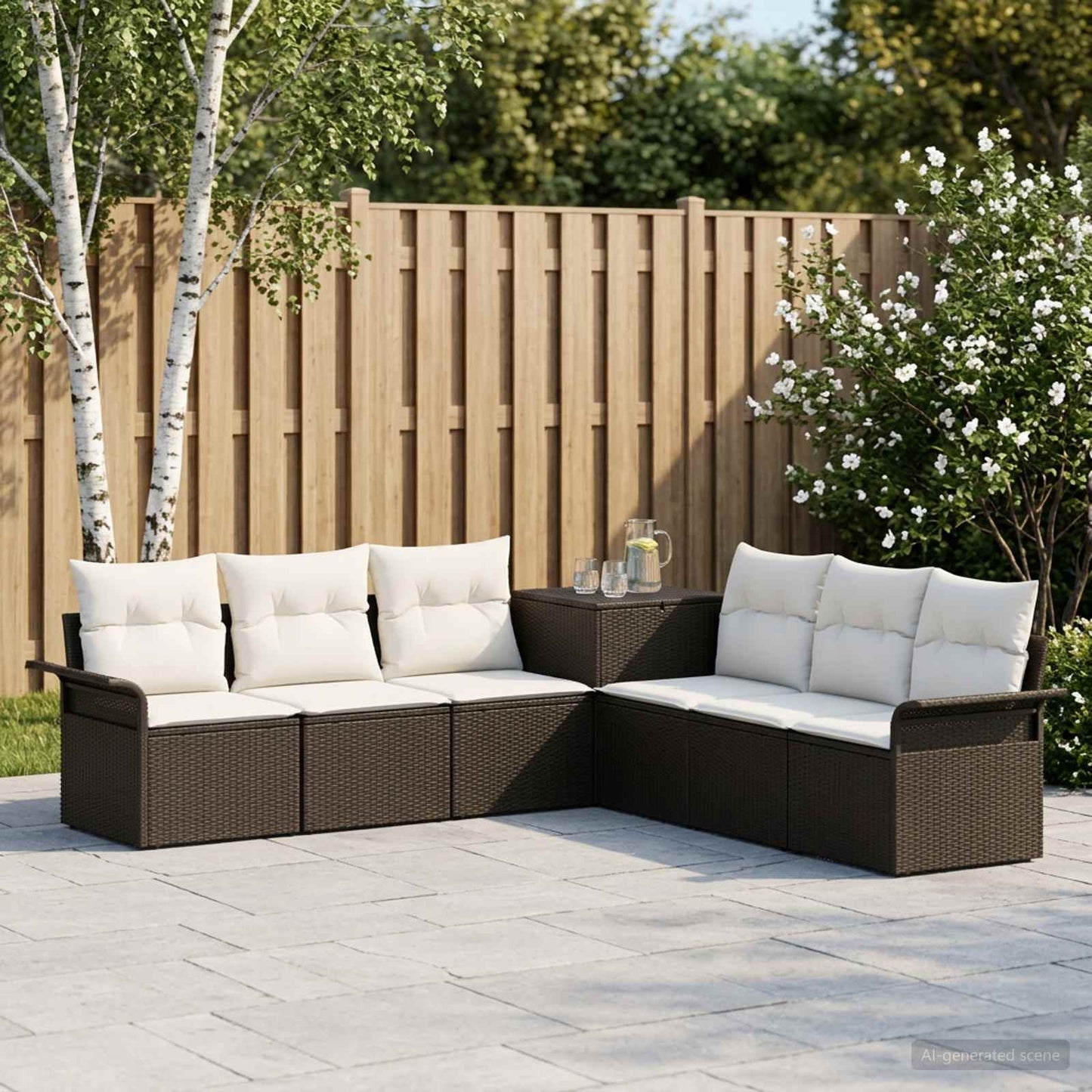 Sofa Set 7 stk. Schwarz und Cremeweiß Polyrattan und Stahl