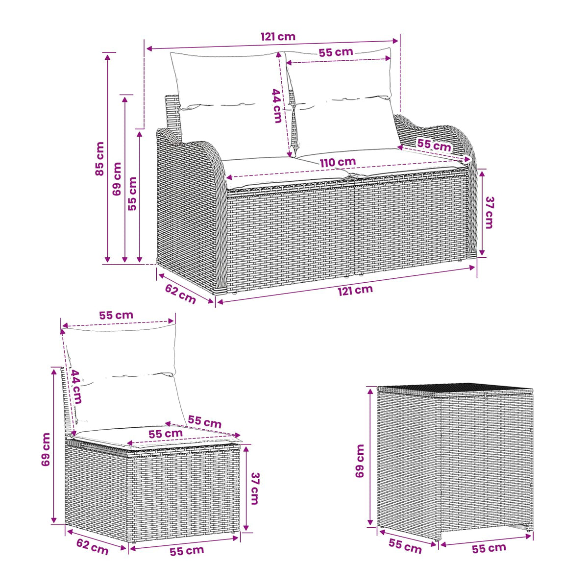 Sofa Set 7 stk. Schwarz 121 x 62 x 69 cm Polyrattan und Stahl