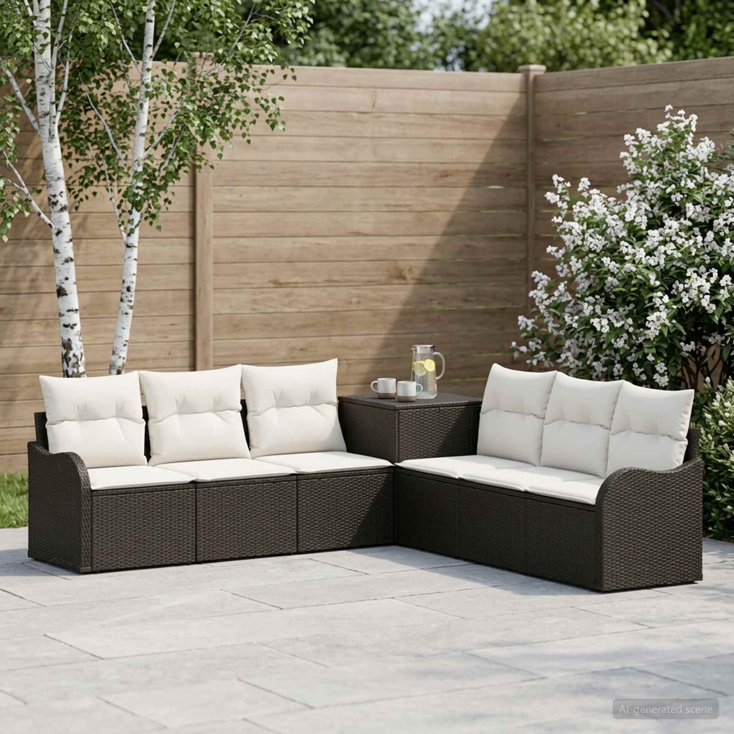 Sofa Set 7 stk. Schwarz und Cremeweiß Polyrattan und Stahl