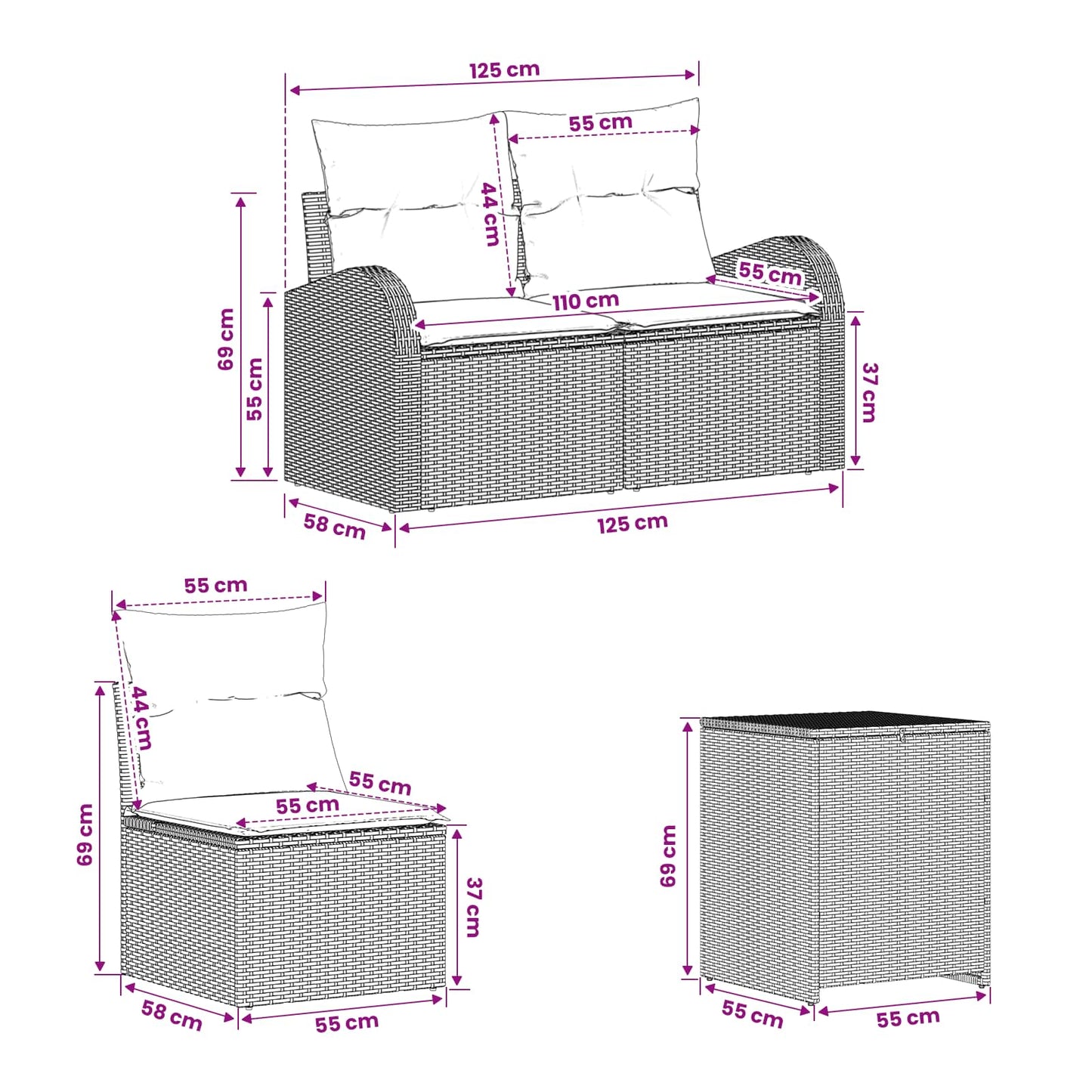 Sofa Set 7 stk. Schwarz Polyrattan und Stahl