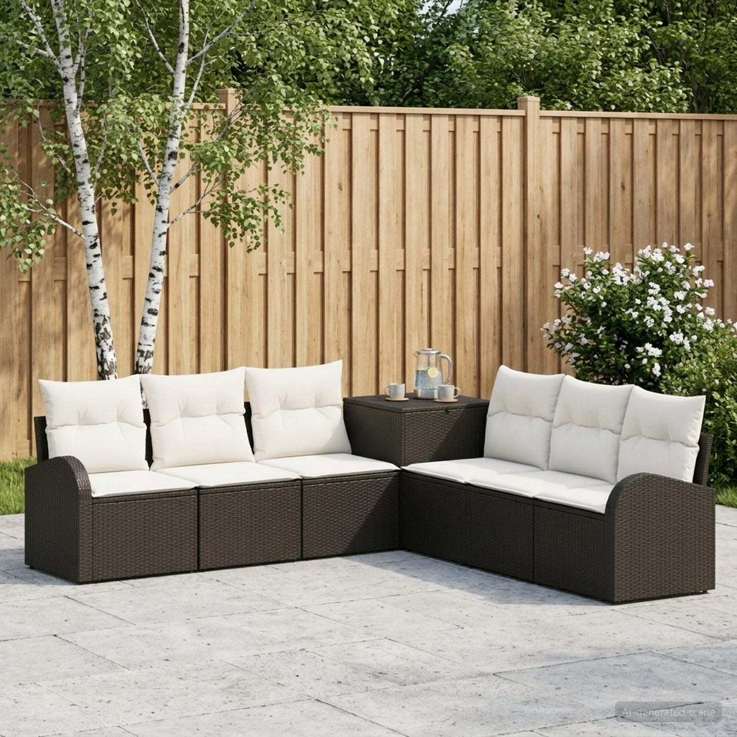 Sofa Set 7 stk. Schwarz und Cremeweiß Polyrattan und Stahl
