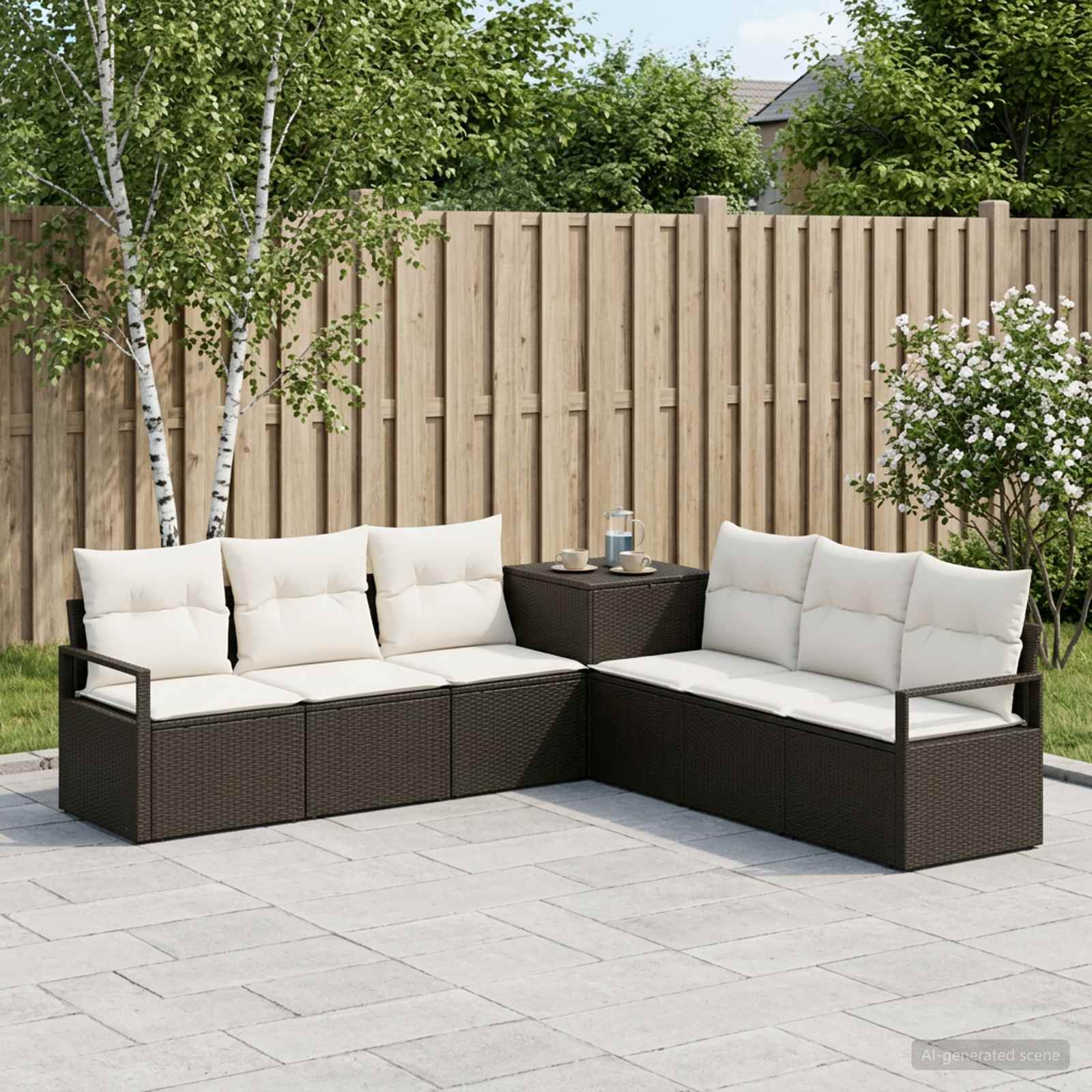 Sofa Set 7 stk. Schwarz und Cremeweiß Polyrattan und Stahl