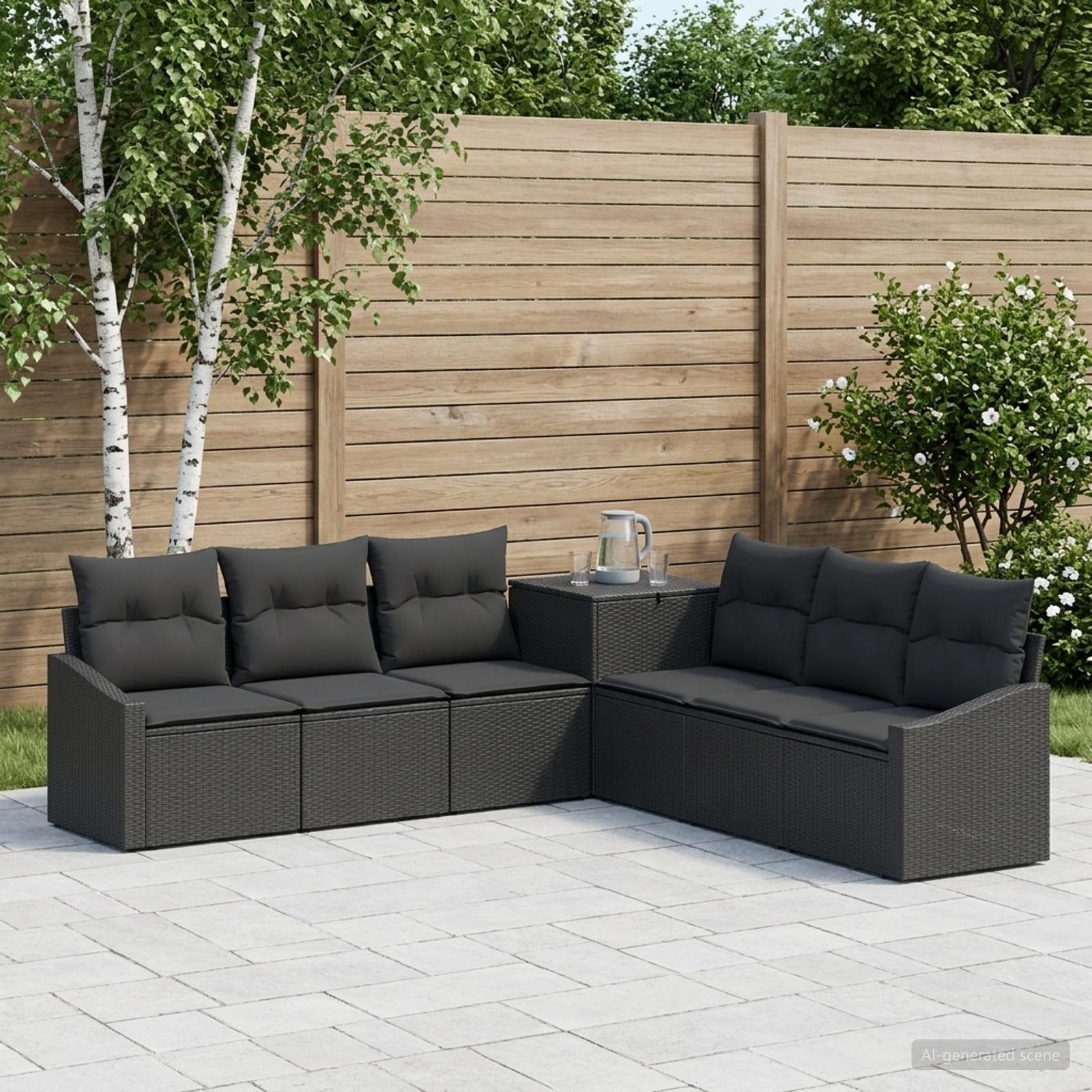 Sofa Set 7 stk. Schwarz Polyrattan und Stahl