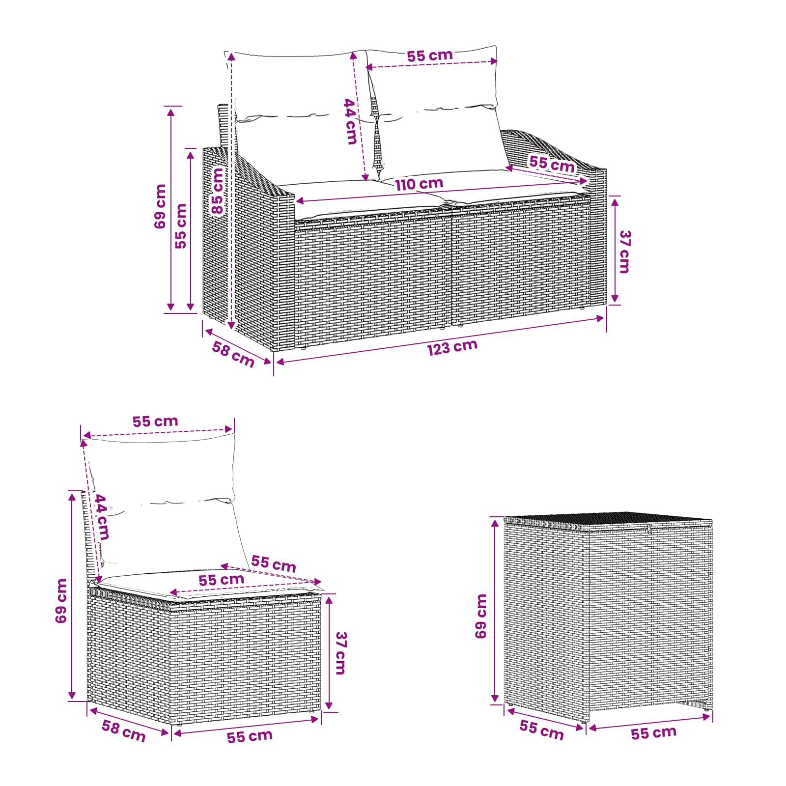 Sofa Set 7 stk. Schwarz Polyrattan und Stahl