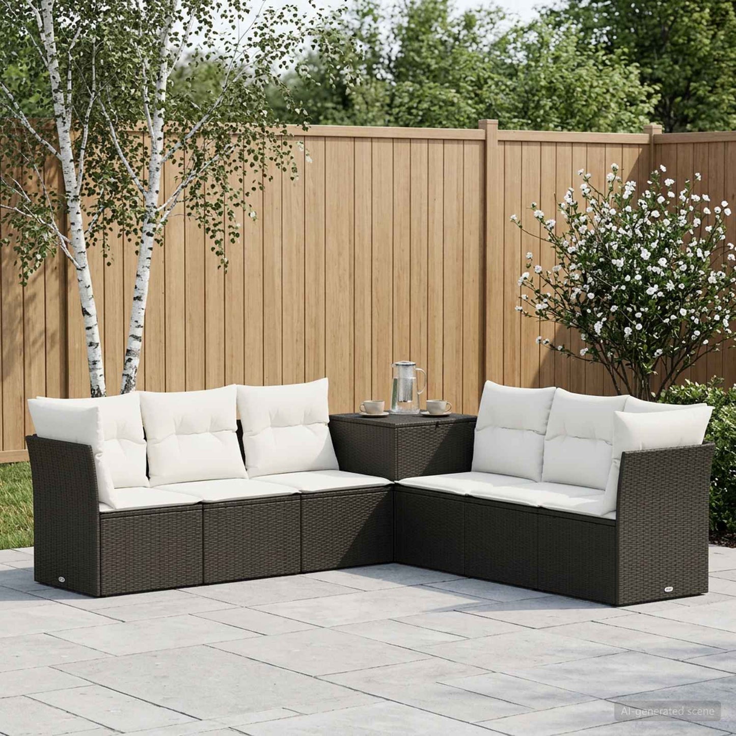 Sofa Set 7 pcs Schwarz und Cremeweiß Polyrattan und Stahl