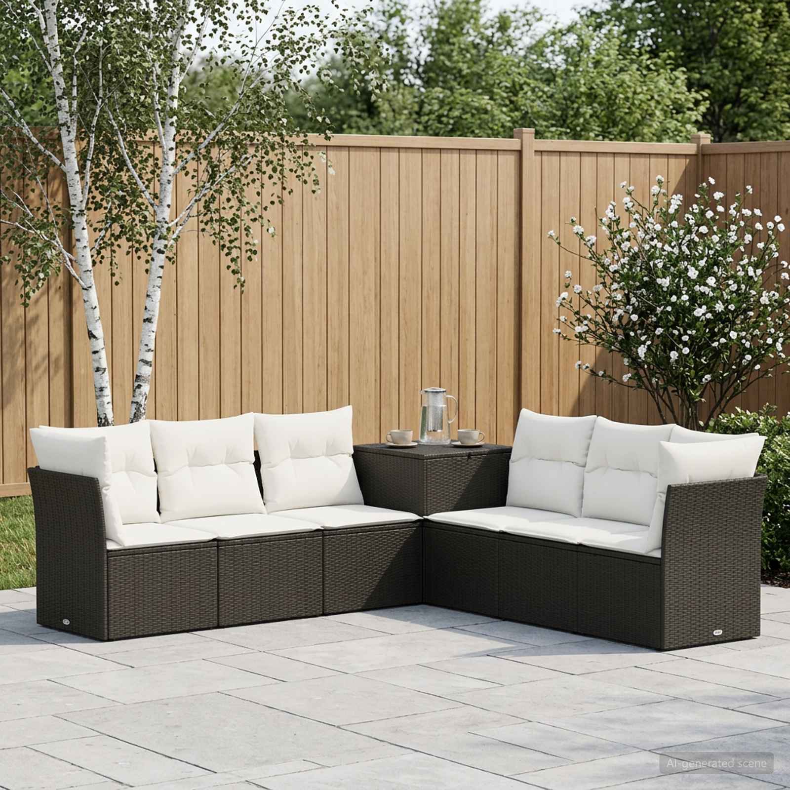 Sofa Set 7 pcs Schwarz und Cremeweiß Polyrattan und Stahl