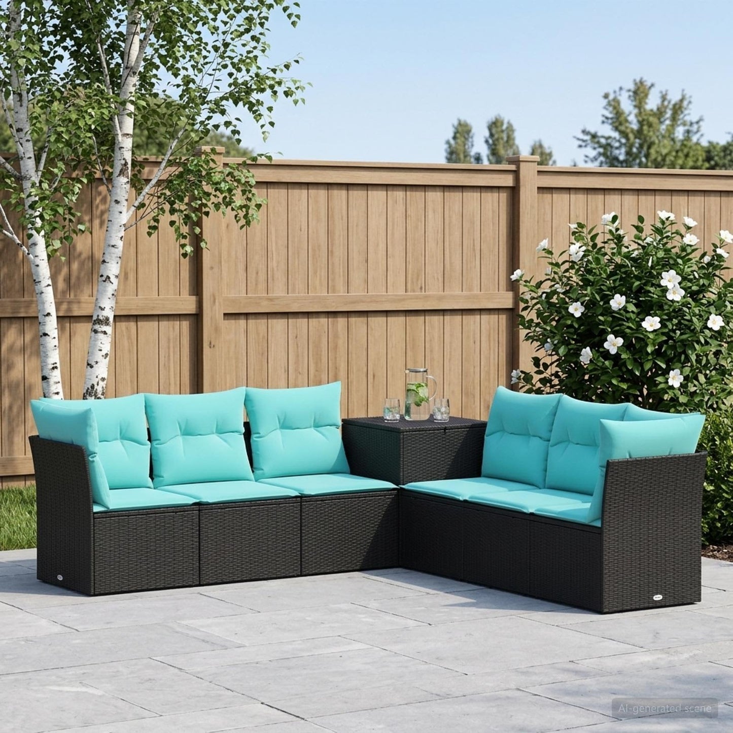 Sofa Set 7 pcs Schwarz und Blau Polyrattan und Stahl