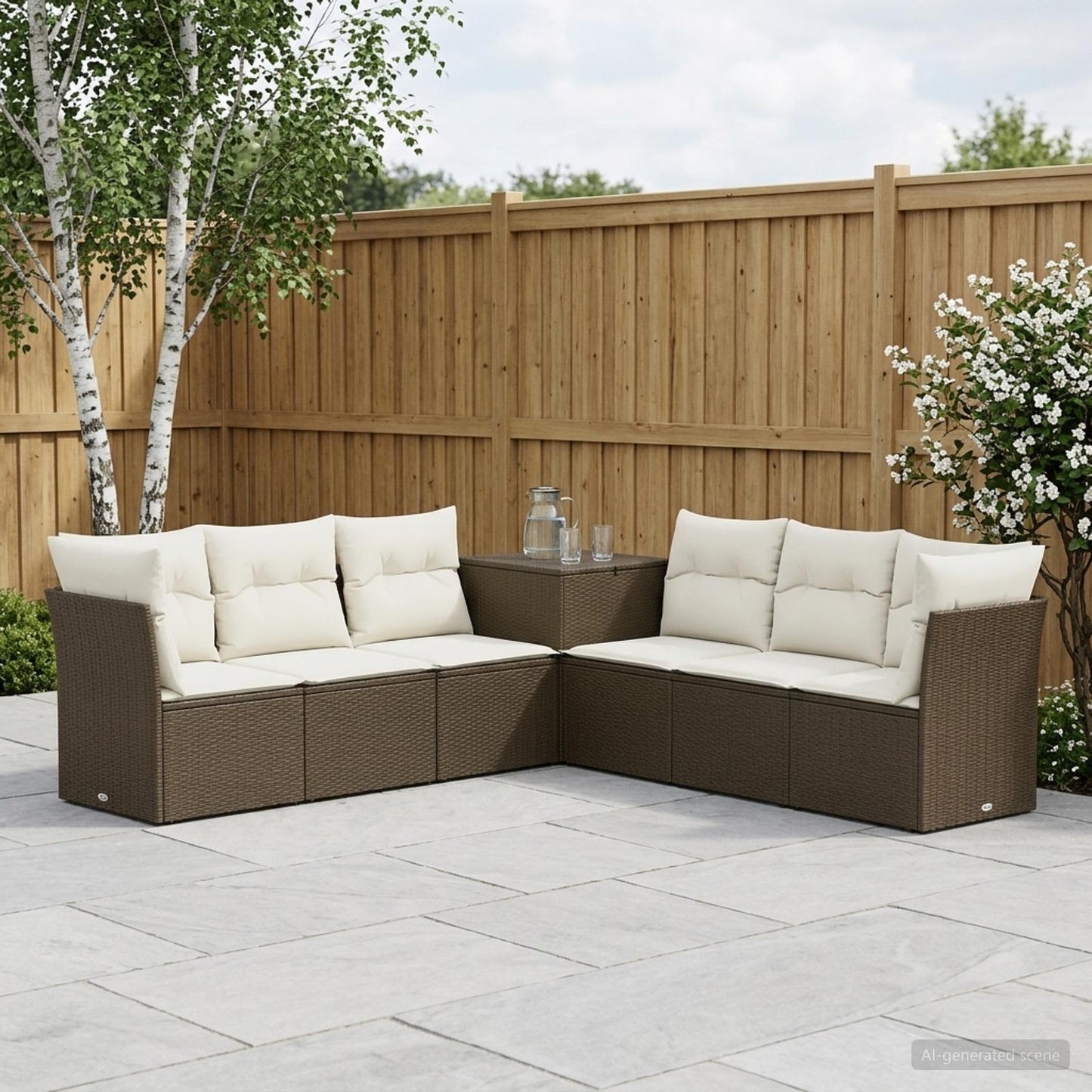 Sofa Set 7 pcs Braun und Creme Weiß Polyrattan und Stahl