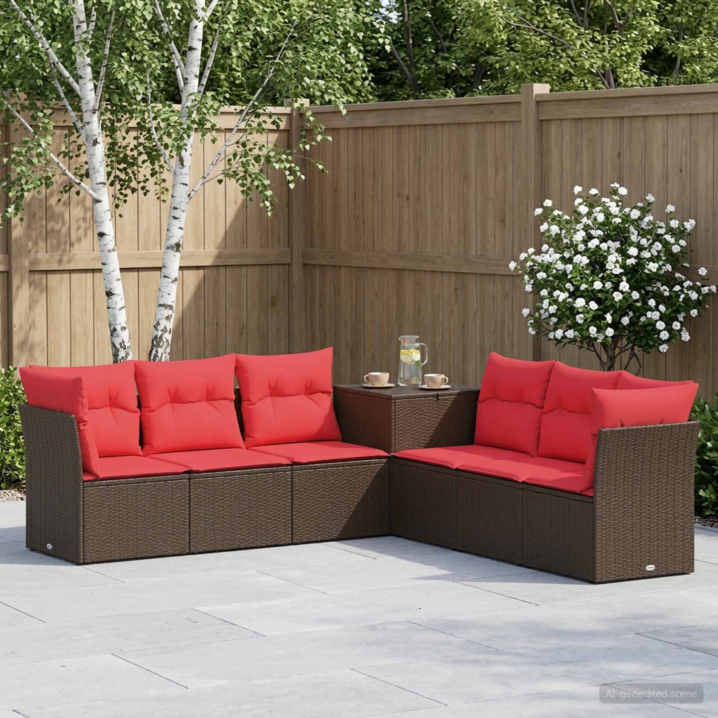 Sofa Set 7 pcs Braun und Rot Polyrattan und Stahl