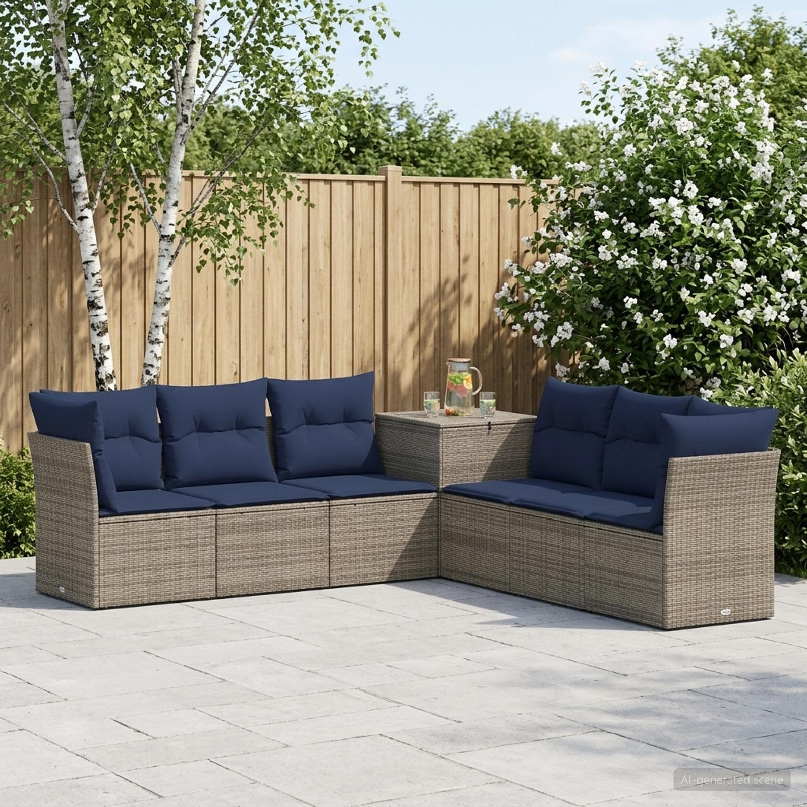 Sofa Set 7 pcs Grau und Marineblau Polyrattan und Stahl