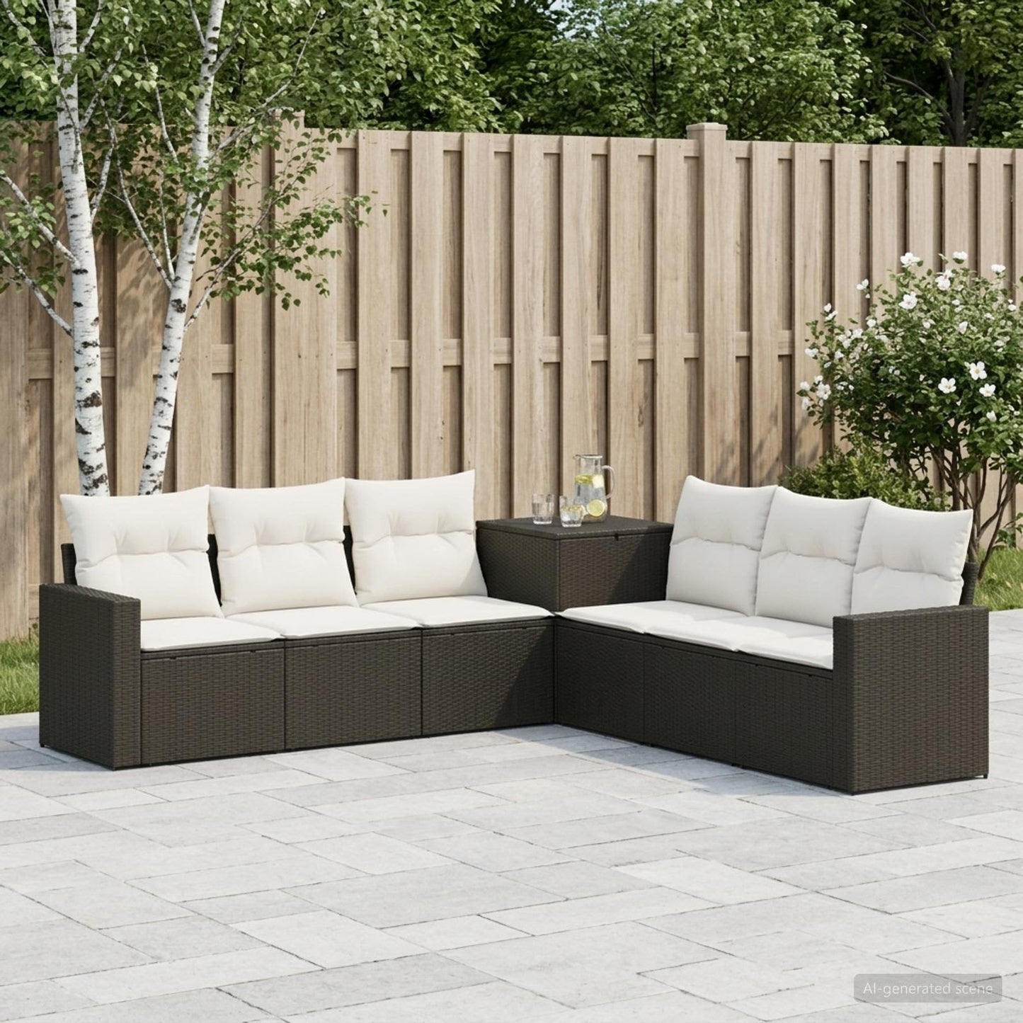 Sofa Set 7 pcs Schwarz und Cremeweiß Polyrattan und Stahl