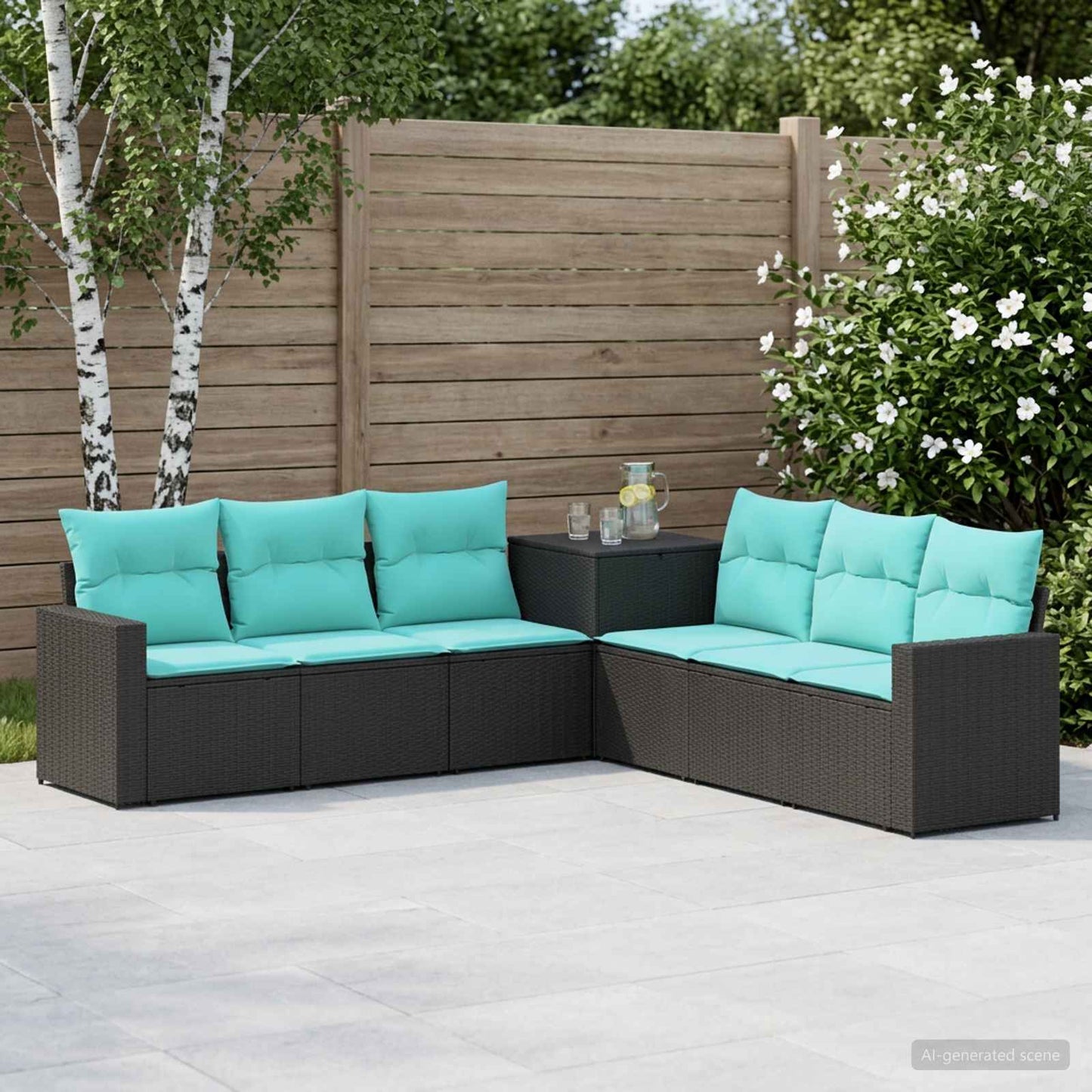 Sofa Set 7 pcs Schwarz und Blau Polyrattan und Stahl