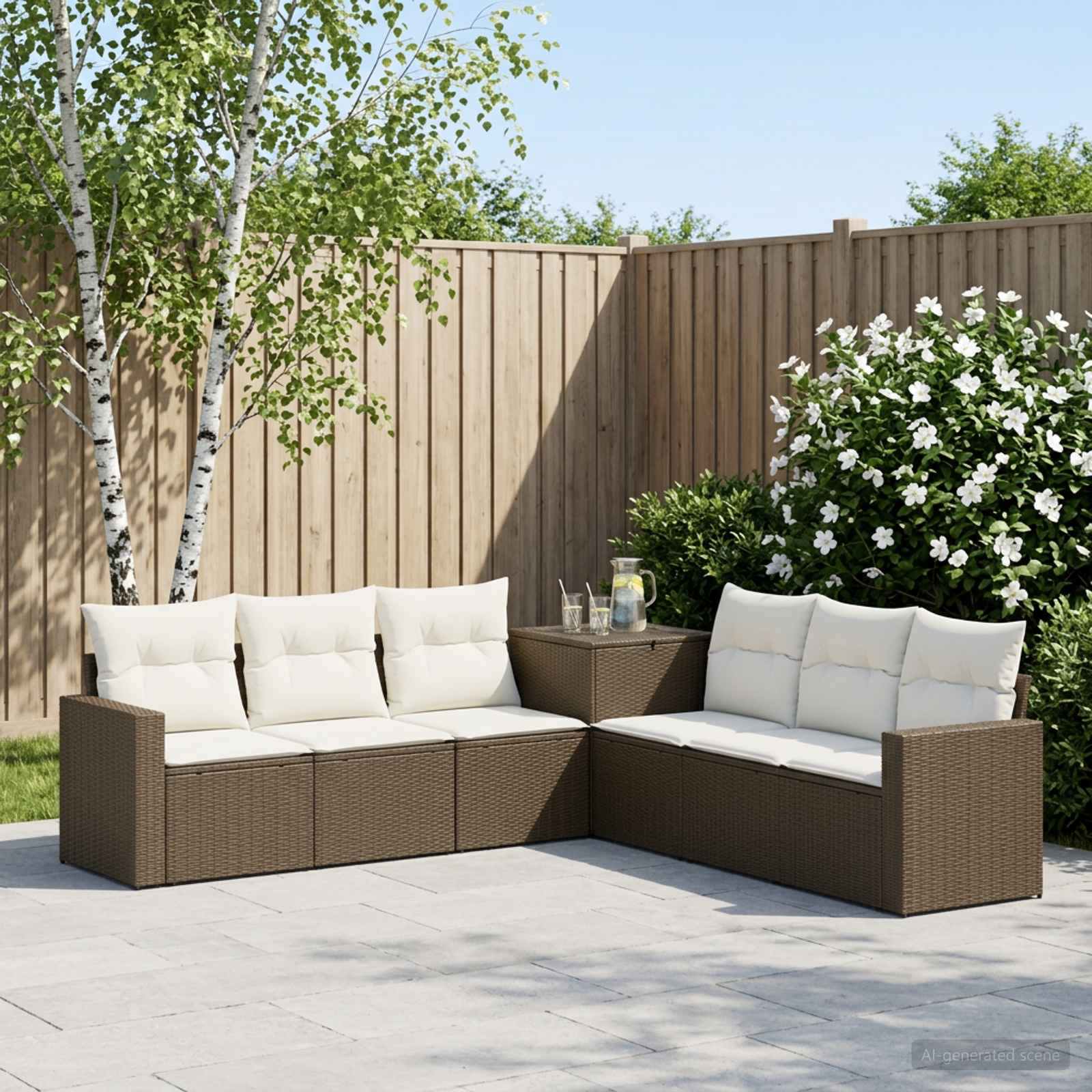 Sofa Set 7 pcs Braun und Creme Weiß Polyrattan und Stahl