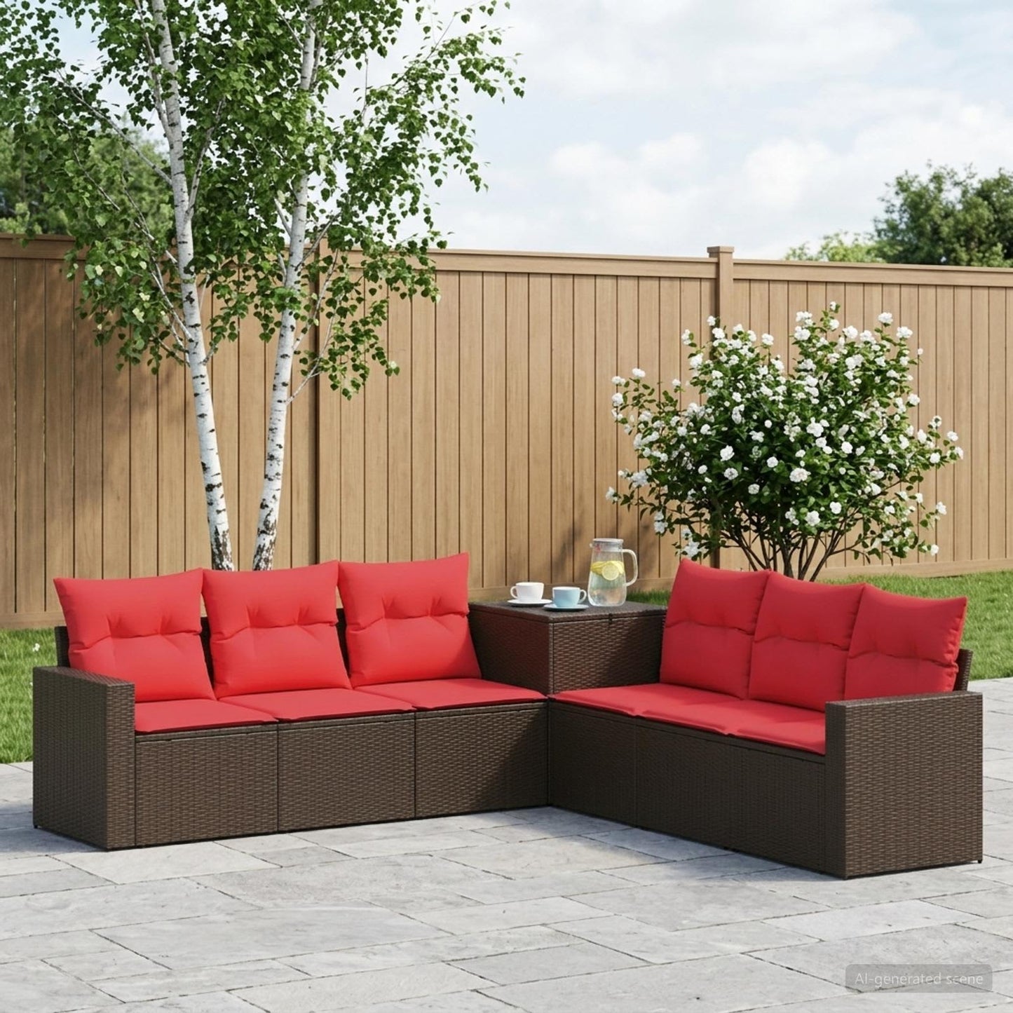 Sofa Set 7 pcs Braun und Rot Polyrattan und Stahl